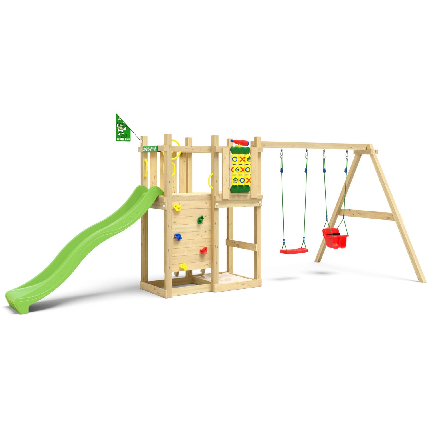 Jungle Gym Spielturm Ledge Holz mit Doppelschaukel Tic Tac Toe Rutsche Hellgrün