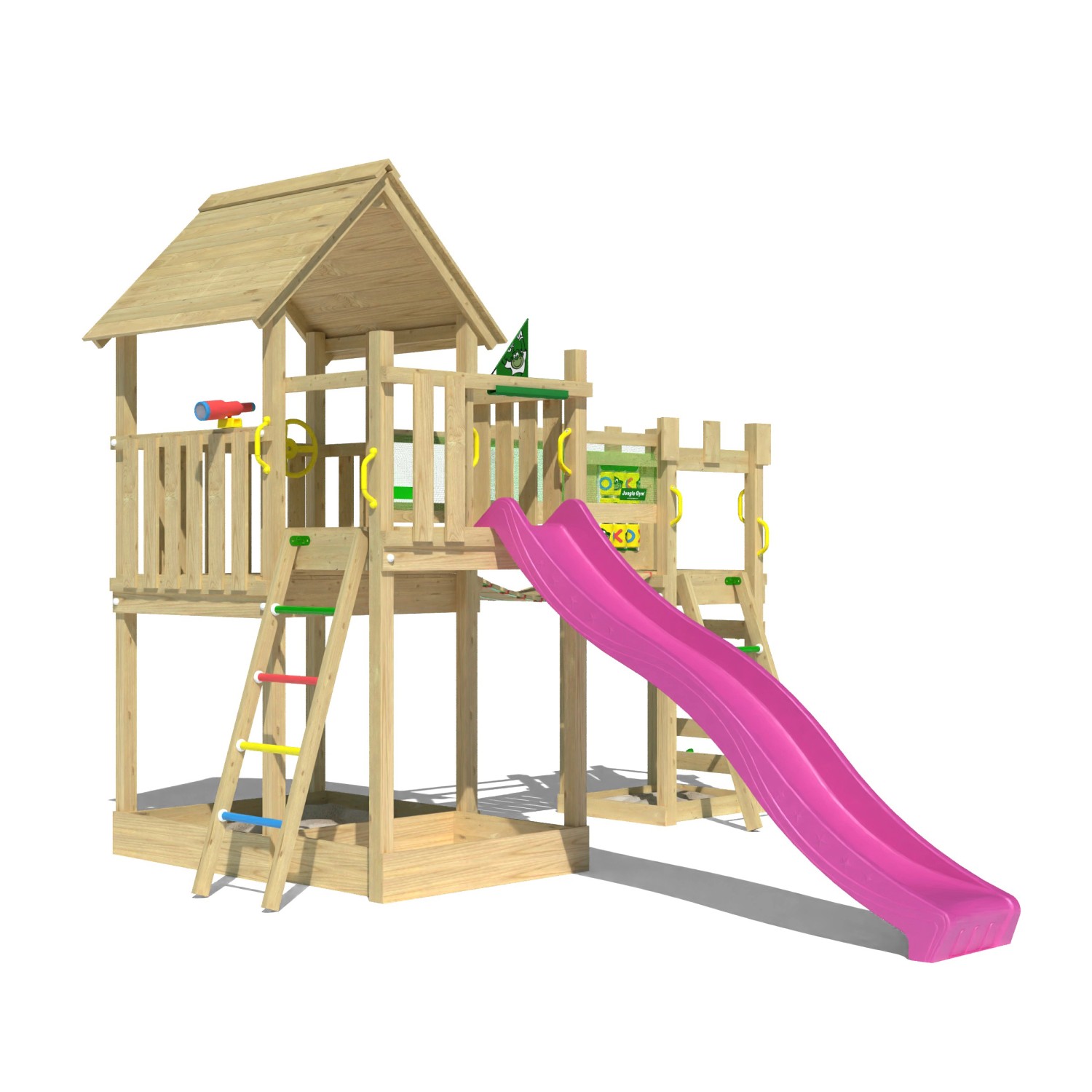 Jungle Gym Spielturm Lookout Holz Wackelbrücke Kletterrampe Rutsche Fuchsia