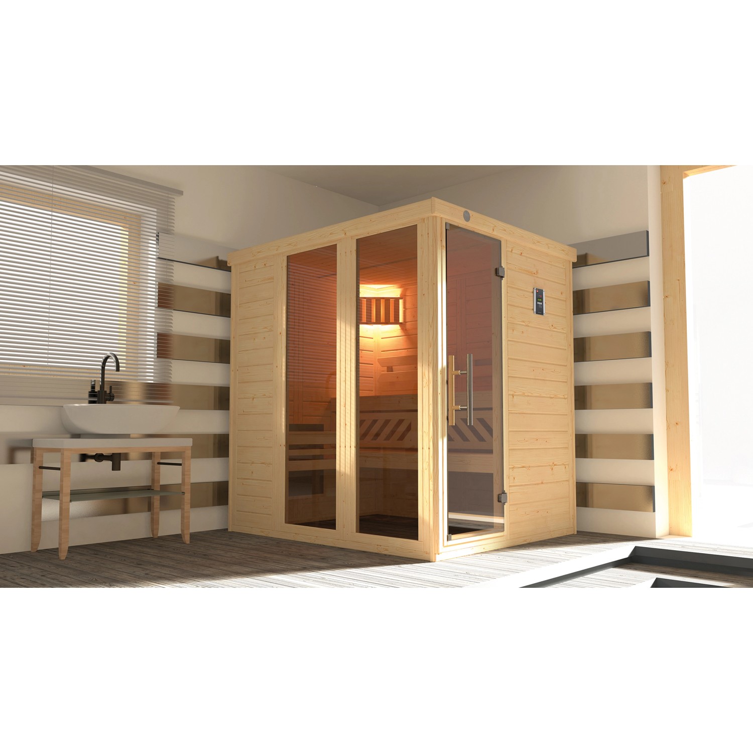 Weka Massivholzelementsauna Kemi Panorama 1 Sparset 7,5 kW OS Glastür/Fenster