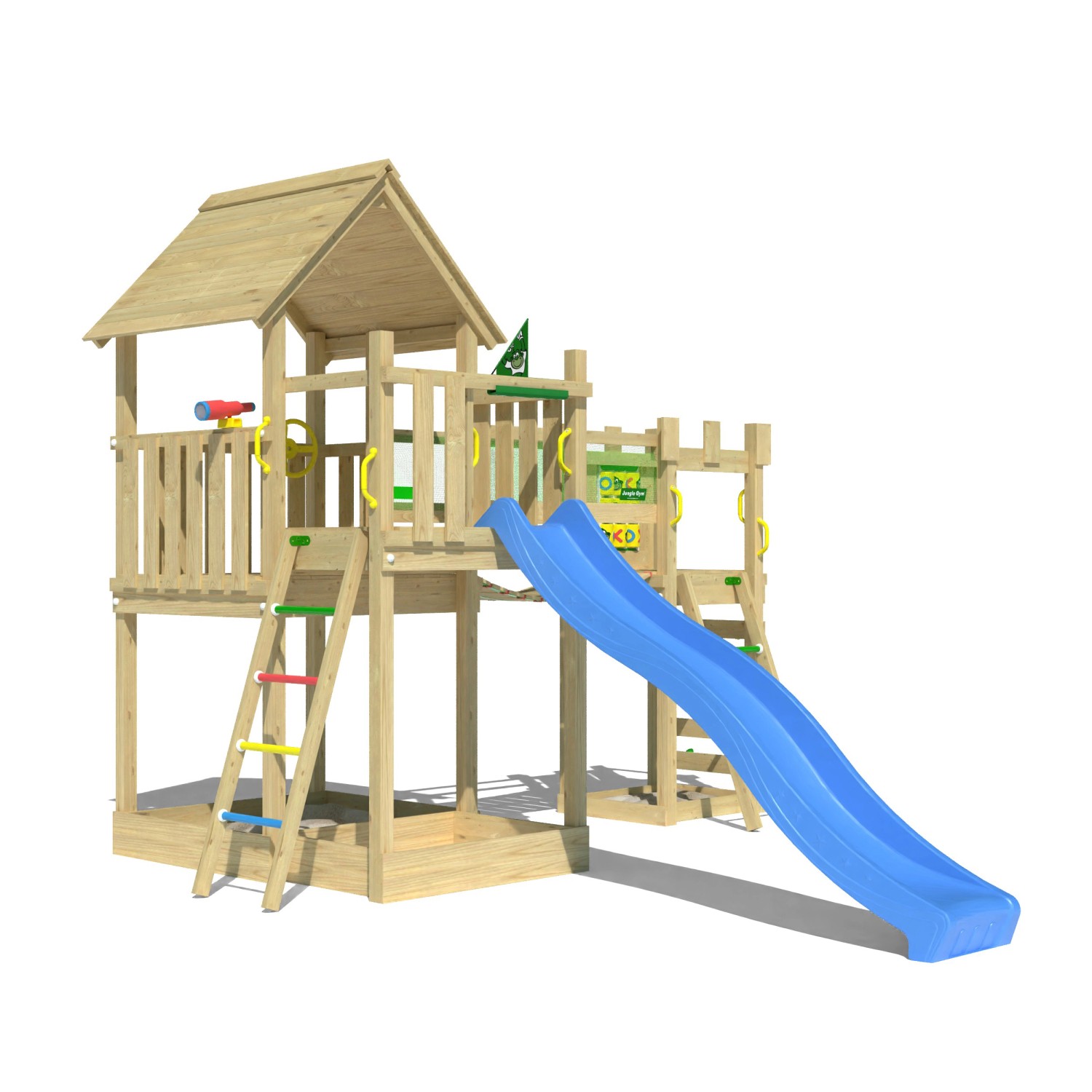 Jungle Gym Spielturm Lookout Holz Wackelbrücke Kletterrampe Rutsche Blau