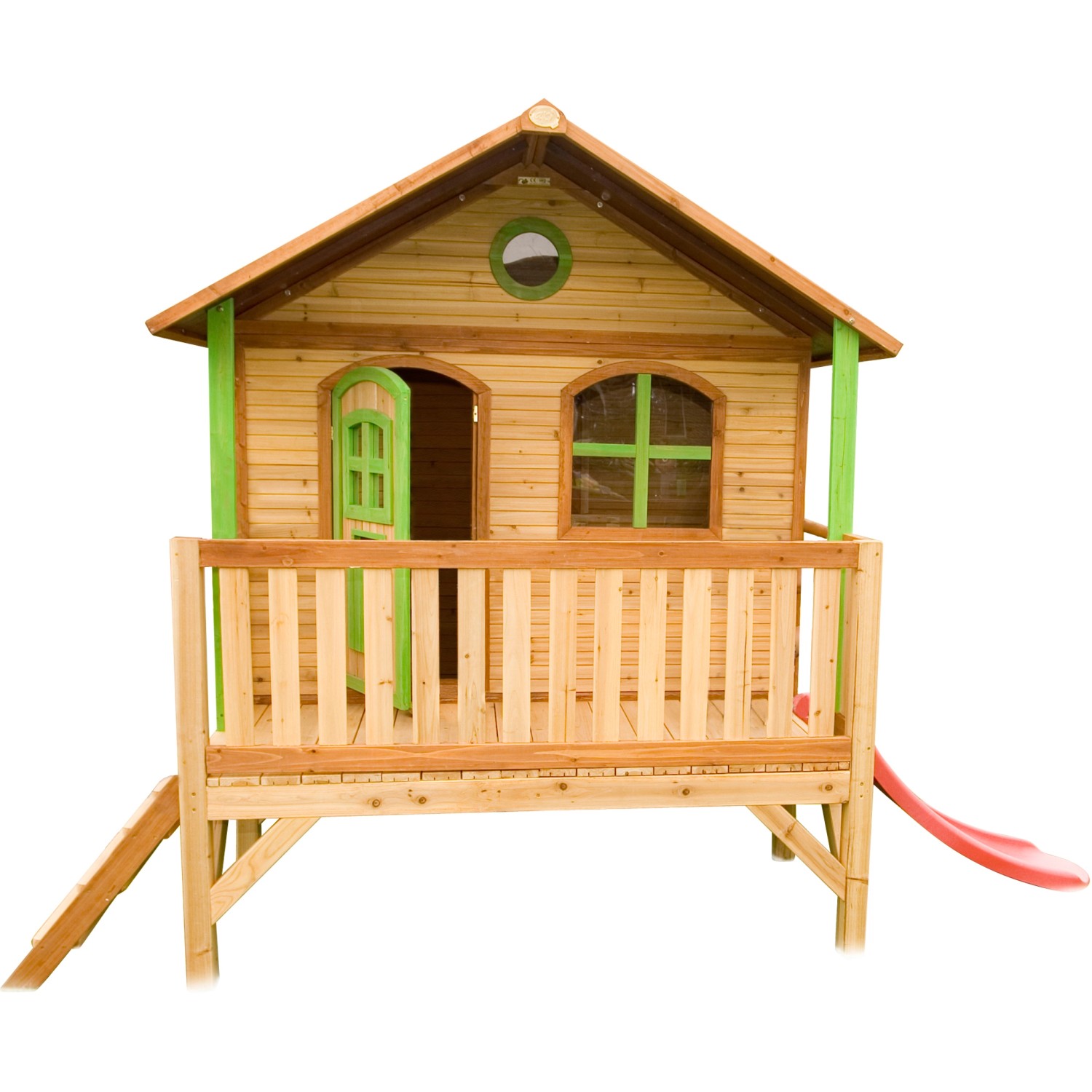 Axi Stef Spielhaus Braun - Grün mit Roter Rutsche 212 x 349 x 233 cm
