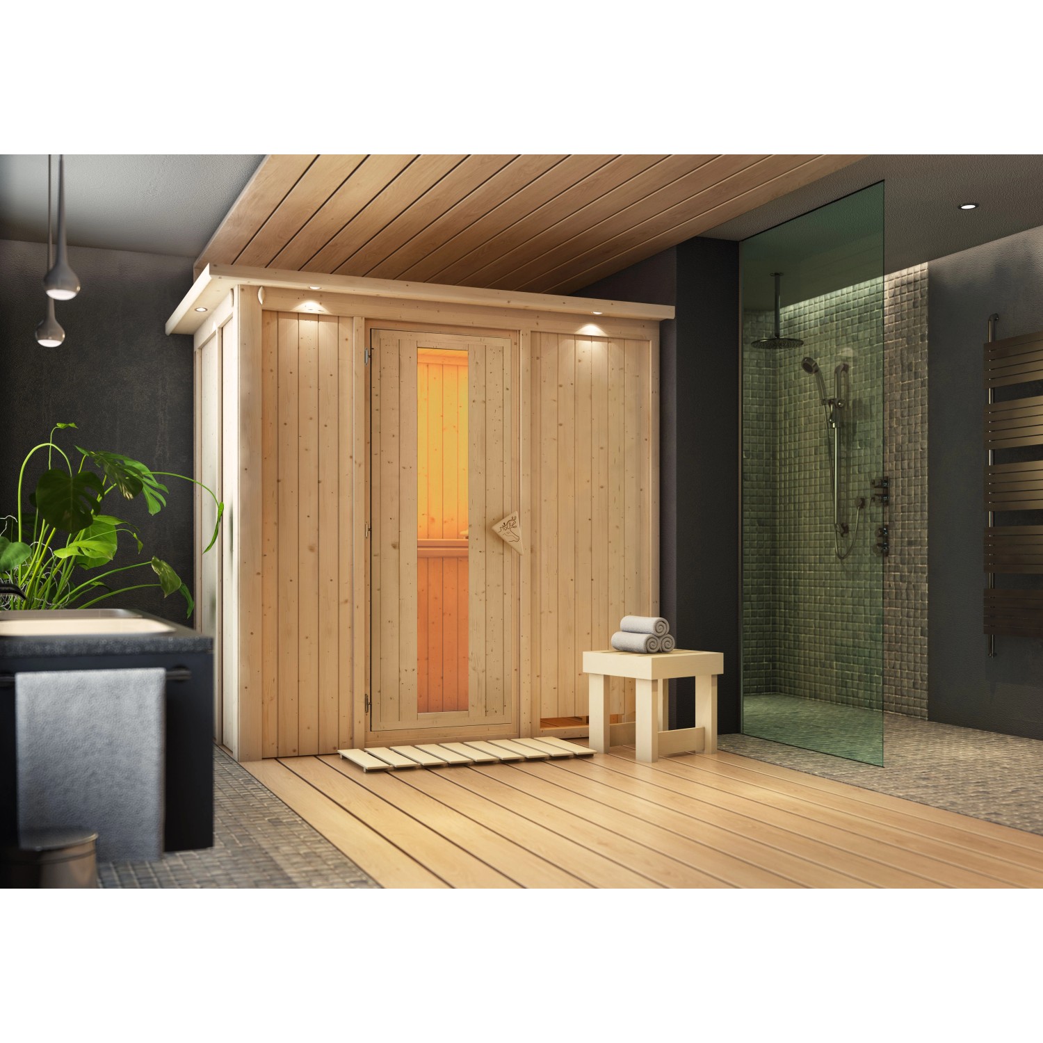 Karibu Sauna Vera und LED-Dachkranz Natur