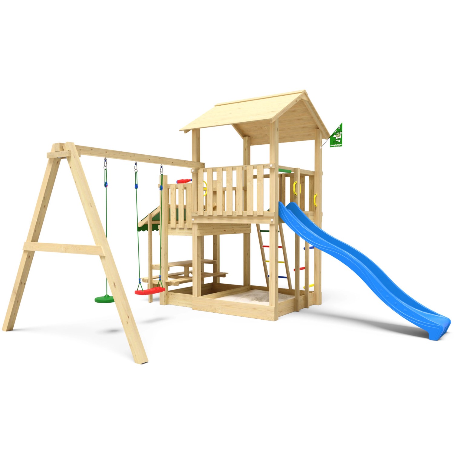 Jungle Gym Spielturm Skyline Holz Picnic Modul Doppelschaukel Rutsche Blau