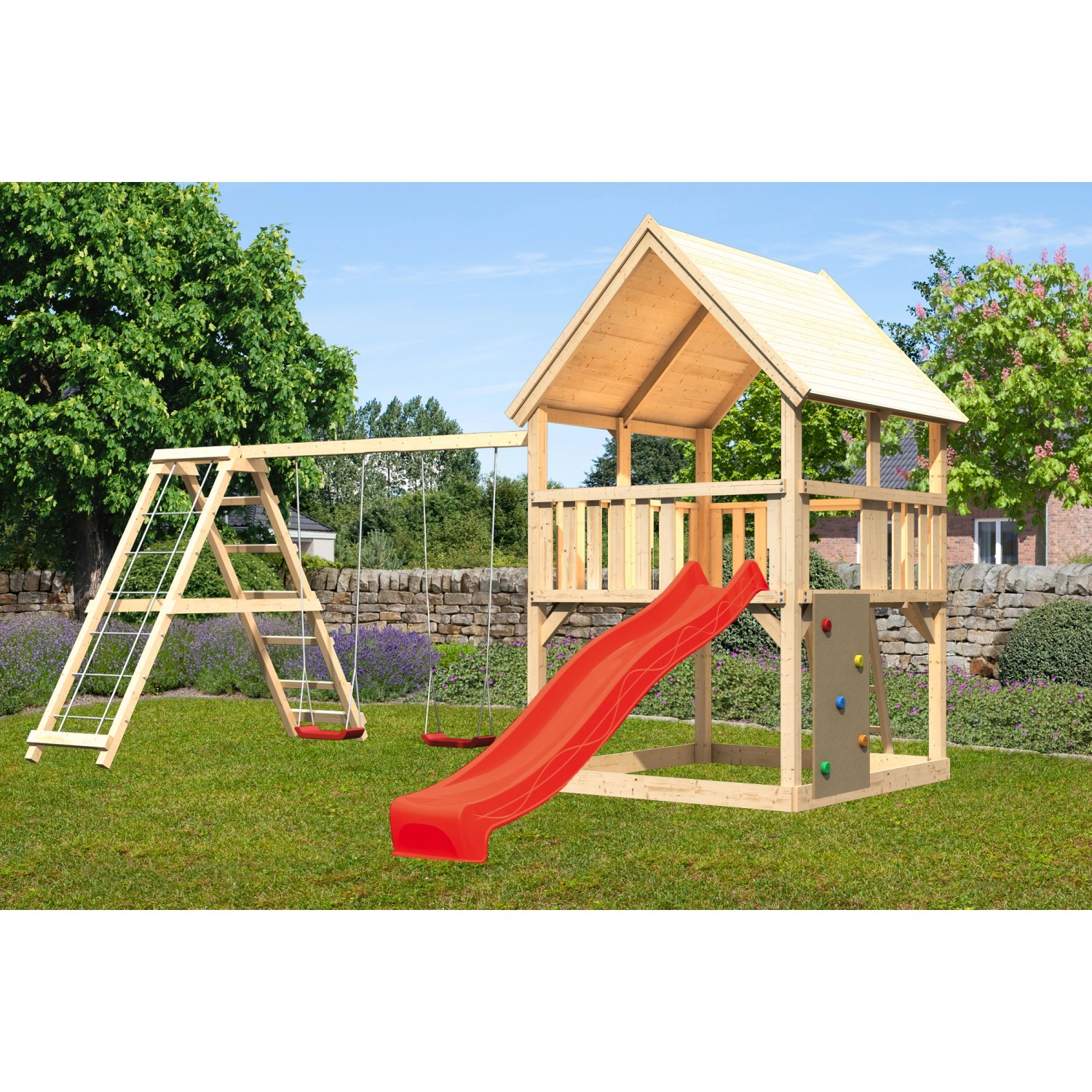 Karibu Spielturm Luis Doppelschaukel Kletterg. Kletterwand Rutsche Rot