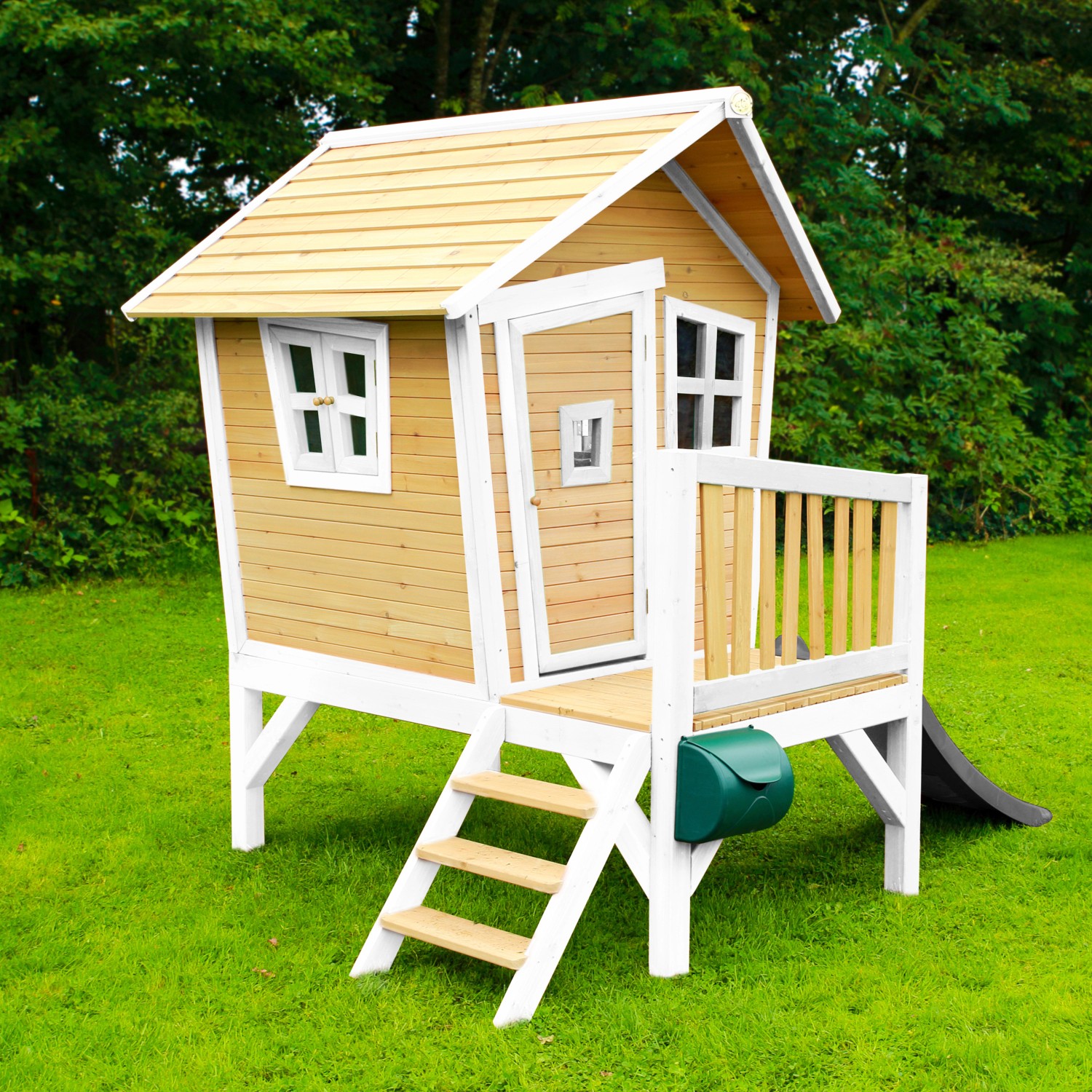 Axi Robin Spielhaus Braun - Weiß mit Grauer Rutsche 177 x 264 x 203 cm