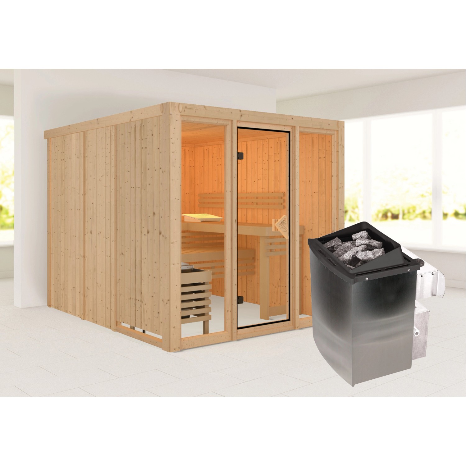 Karibu Sauna Svava Glasfront Set Natur mit Ofen 9 kW integr. Strg.