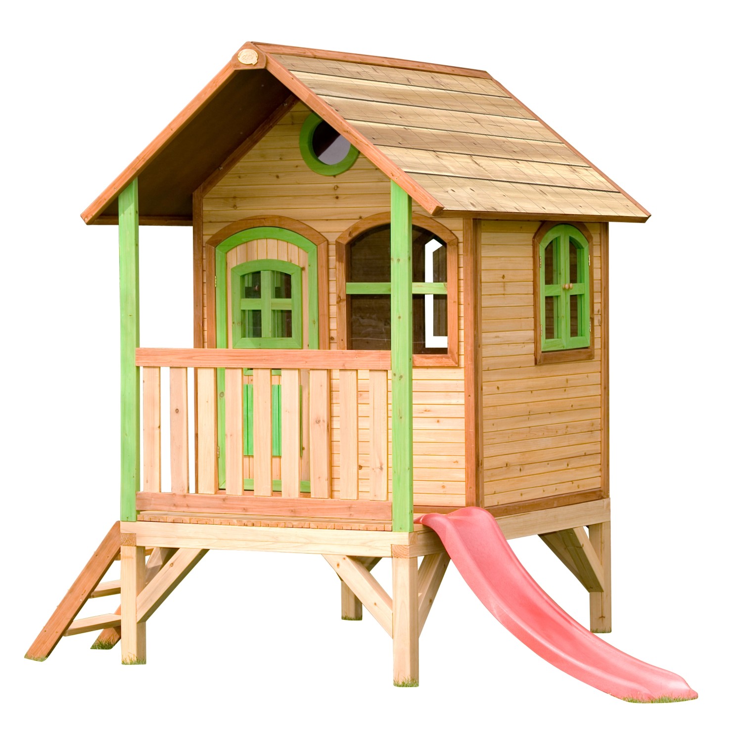 Axi Tom Spielhaus Braun - Grün mit Roter Rutsche 191 x 287 x 231 cm