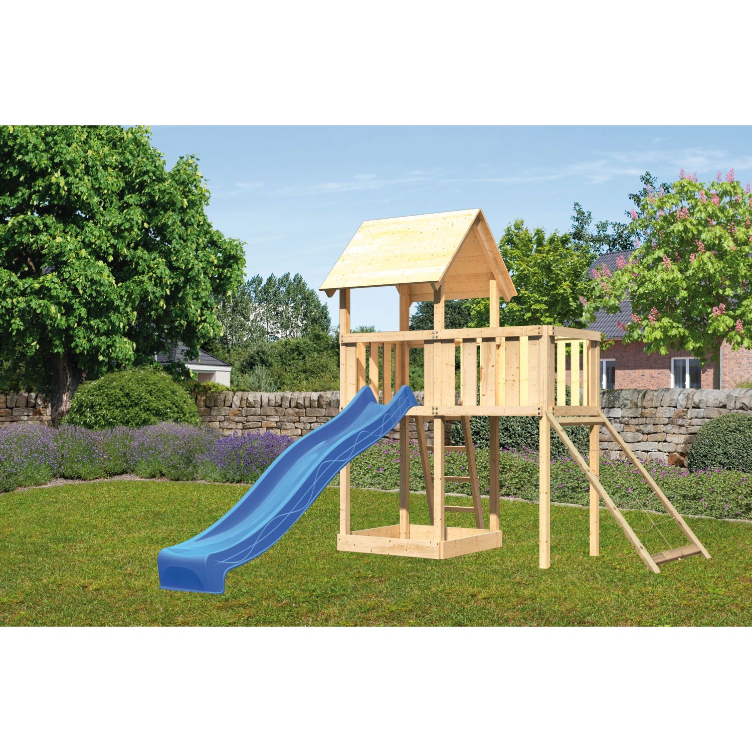 Karibu Spielturm Lotti mit Anbauplattform Netzrampe Rutsche Blau