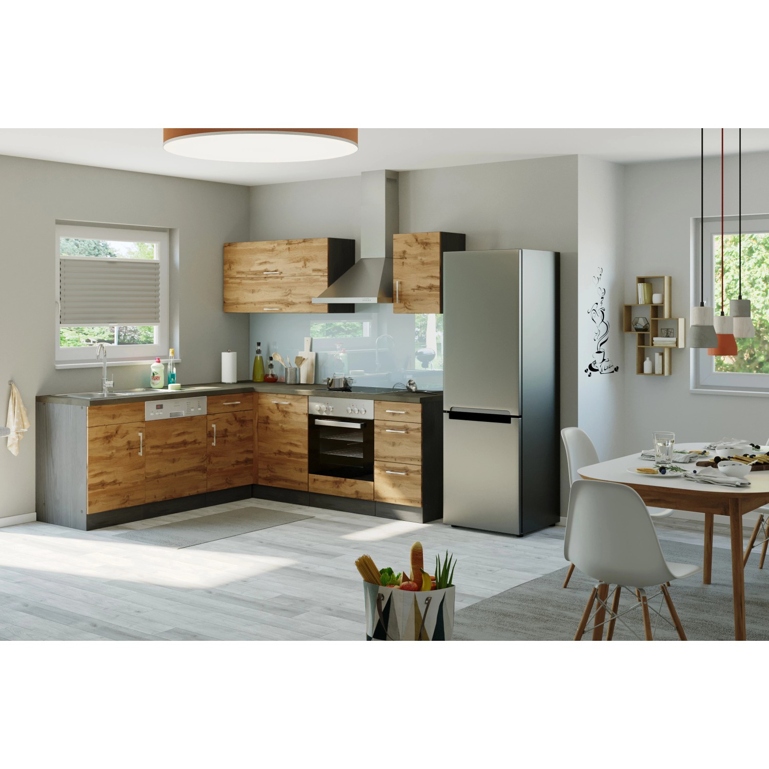 Held Möbel Küchenzeile Sorrento 210 cm Wotaneiche-Grafit ohne E-Geräte Winkel