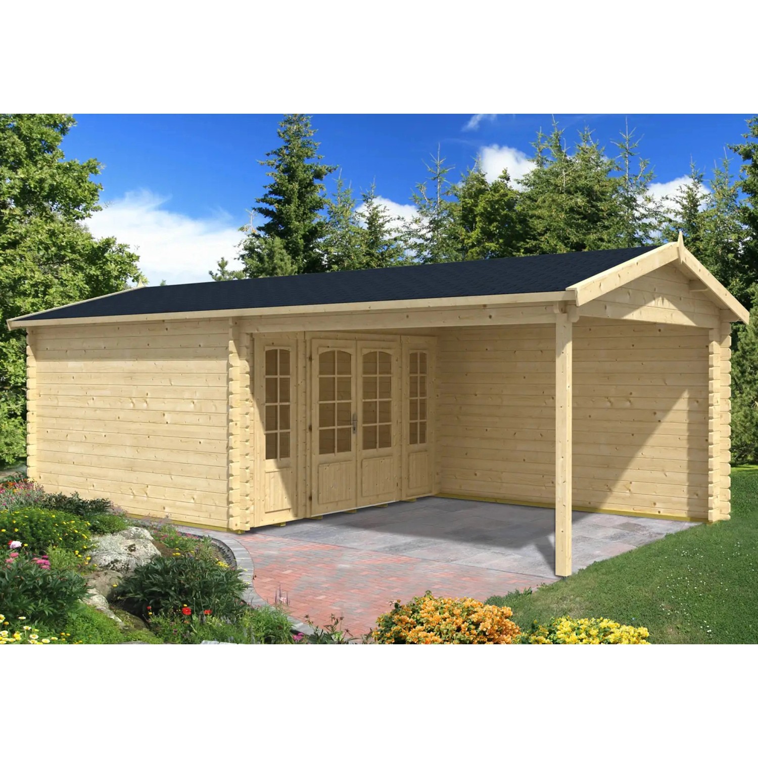 Alpholz Gartenhaus Freiburg-44 Natur 755 cm x 399 cm mit Doppeltür, imprägniert