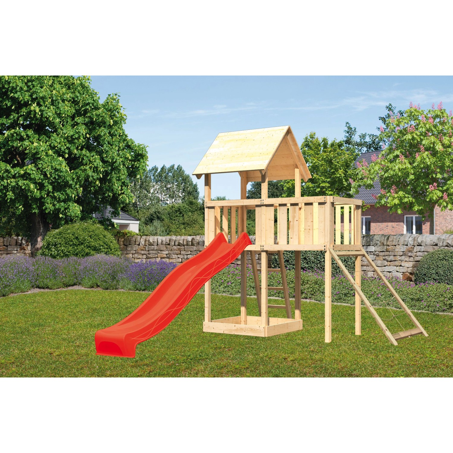 Karibu Spielturm Lotti mit Anbauplattform Netzrampe Rutsche Rot