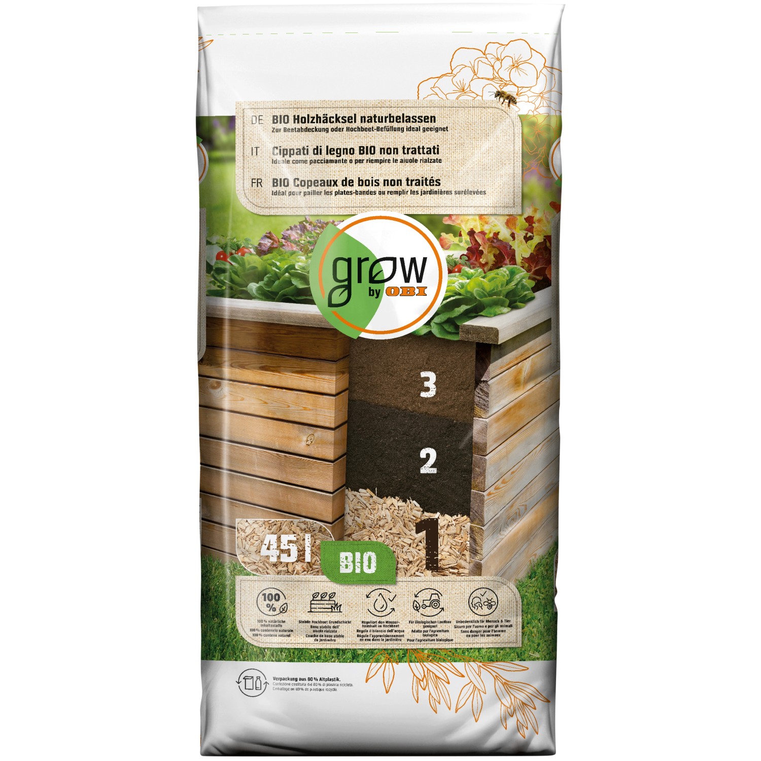 GROW by OBI BIO Holzhäcksel naturbelassen, 45l