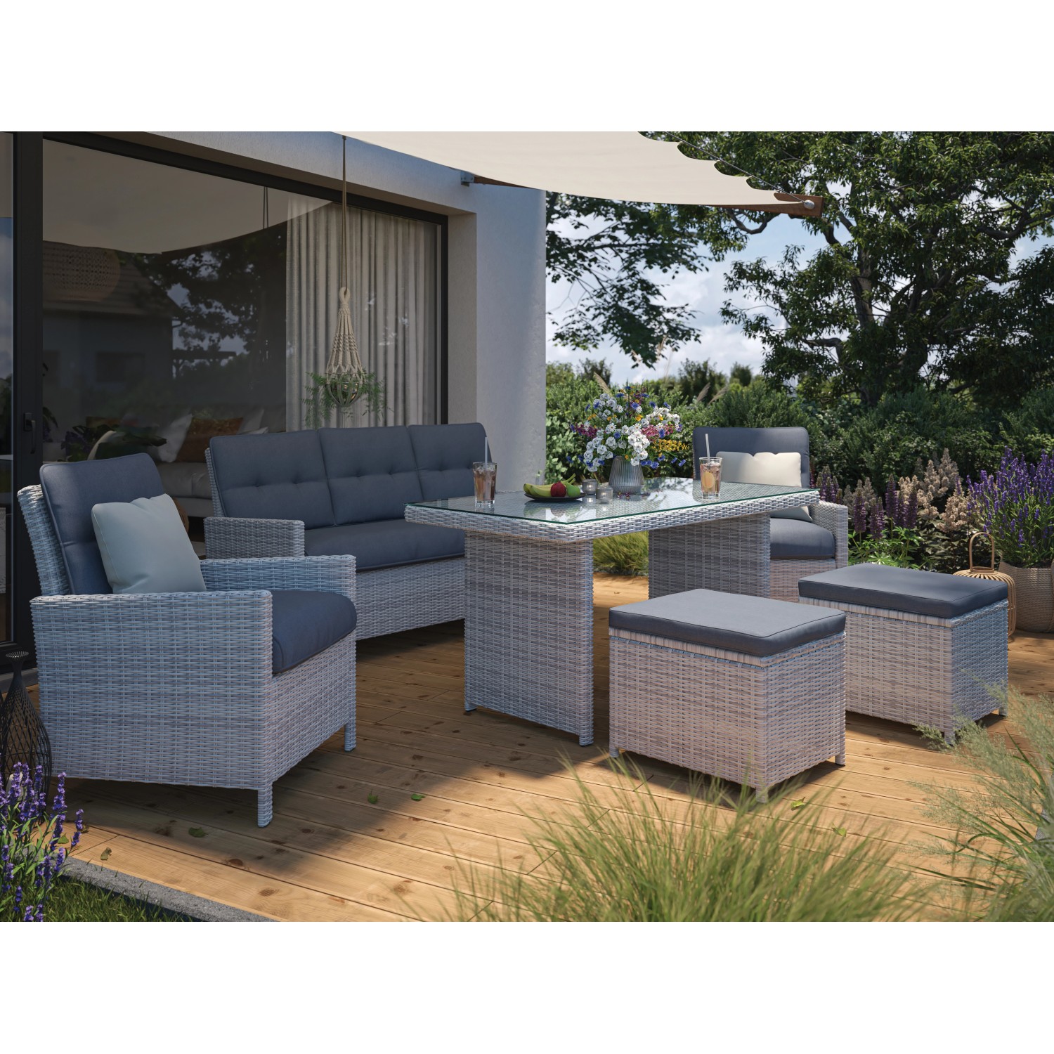 Loungegruppe Luciara 6-teilig Stahl Rattan Hellgrau-Anthrazit