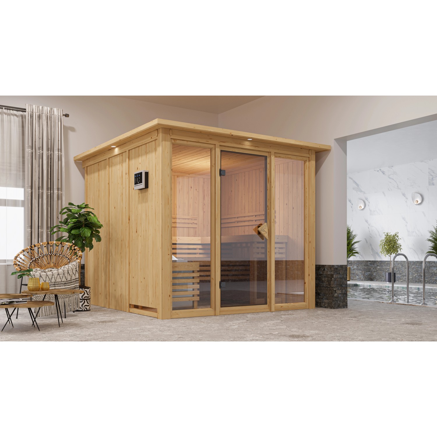 Karibu Sauna Svava Glasfront mit Kranz Set Natur m. Ofen 9 kW ext. Strg.