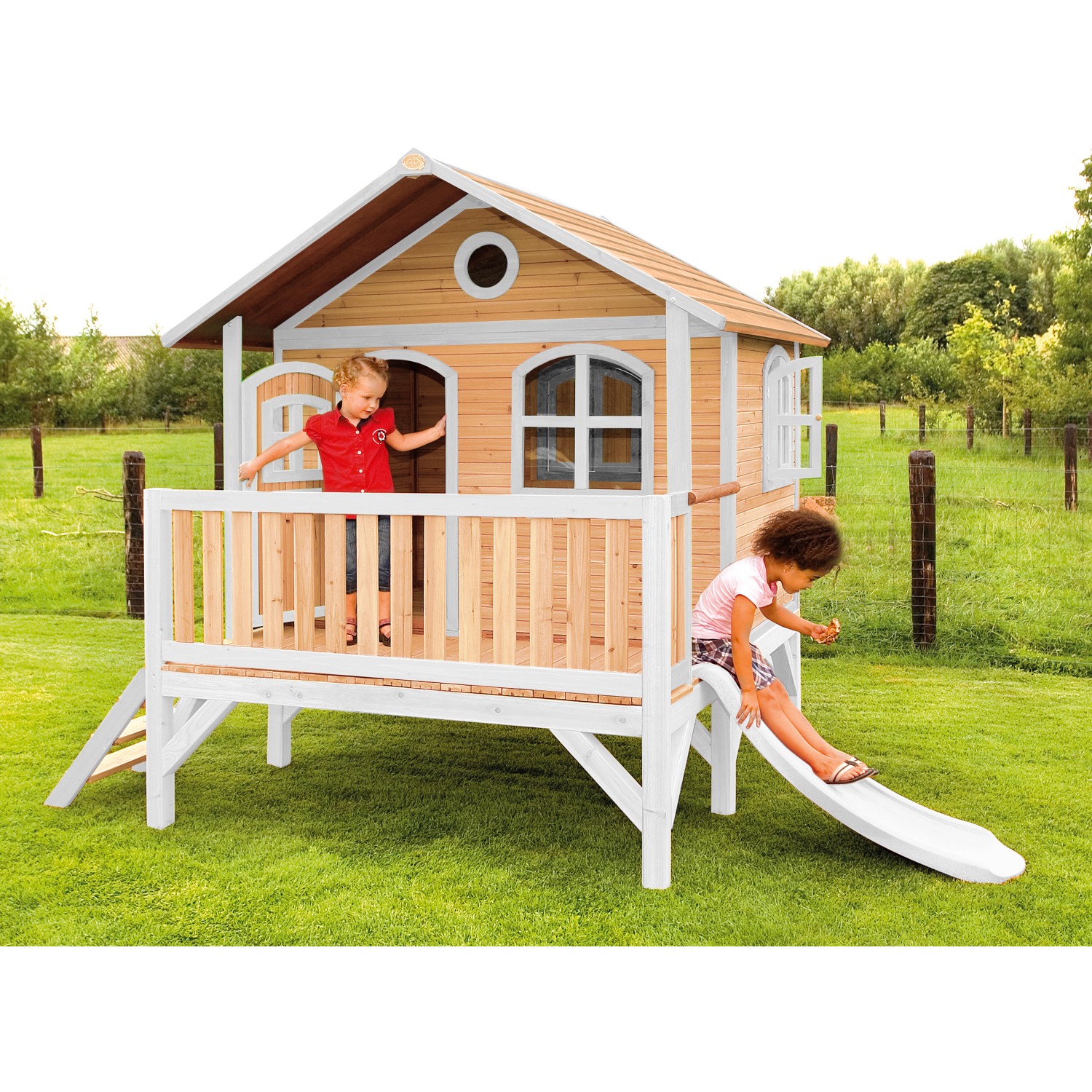 Axi Stef Spielhaus Braun - Weiß mit Weißer Rutsche 212 x 349 x 233 cm
