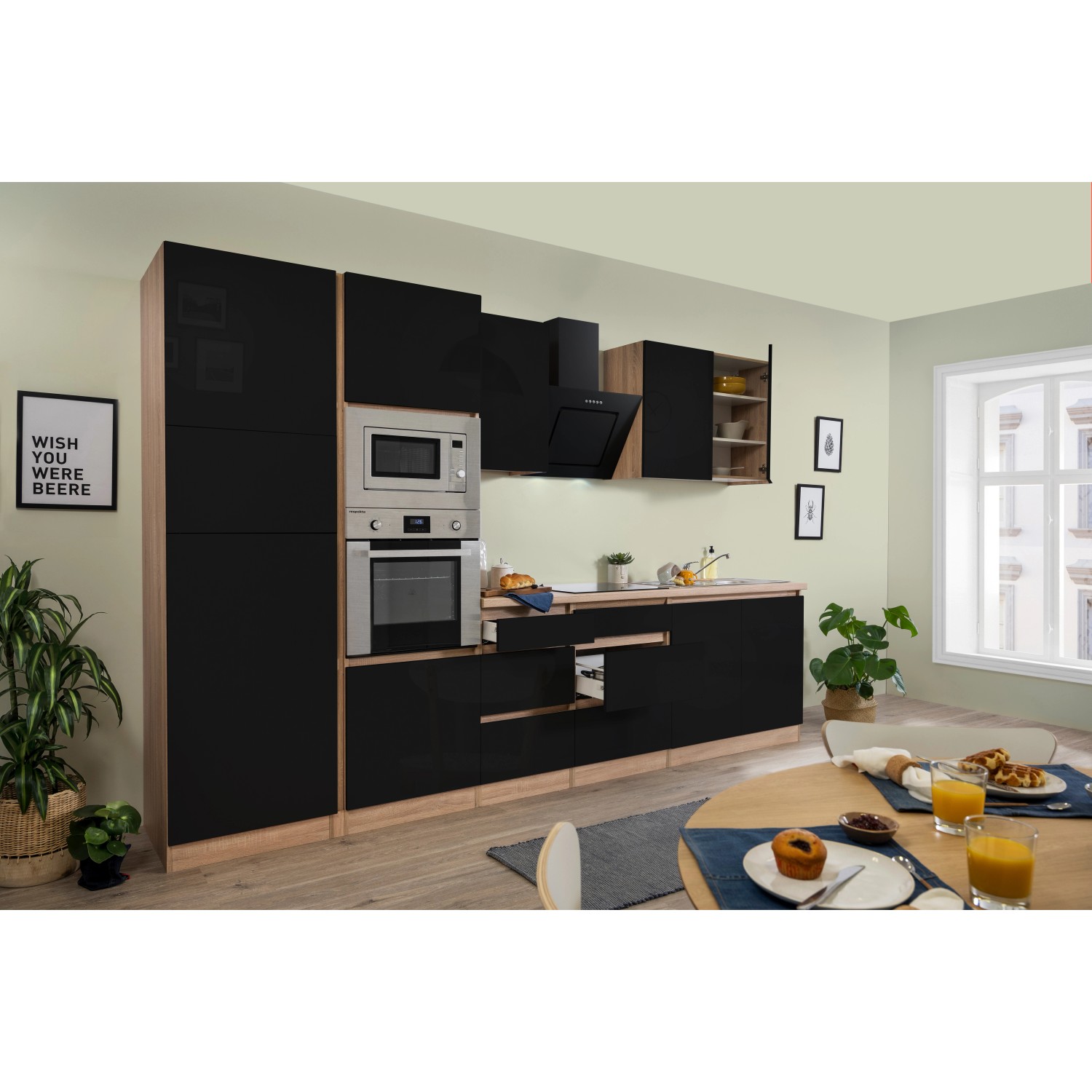 Respekta Premium Küchenzeile Grifflos 335 cm Schwarz Hochglanz-Eiche Sägerau