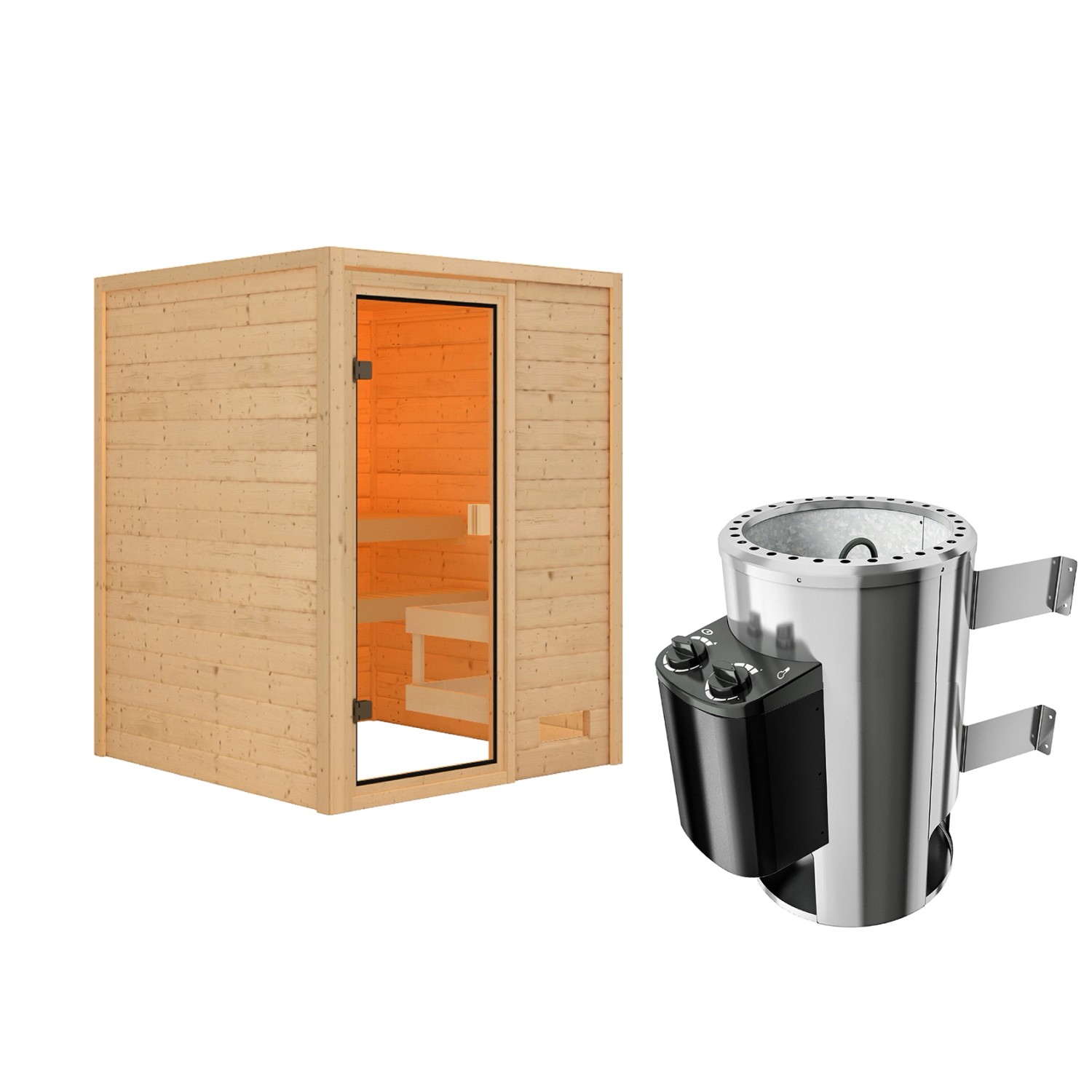 Karibu Sauna Rabea Fronteinstieg Naturbelassen mit Ofen 3,6 kW Integriert