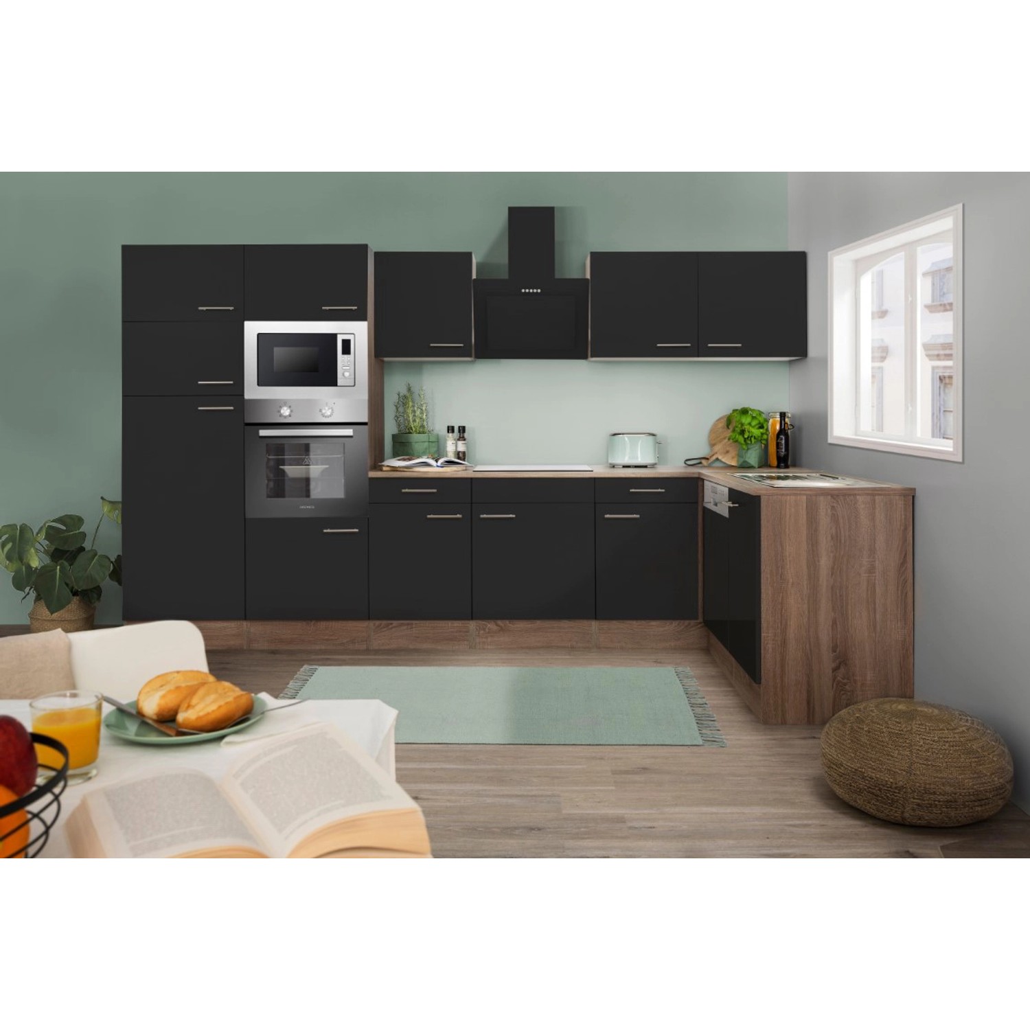 Respekta Winkelküche 340 cm Schwarz-Seidenglanz Eiche-York