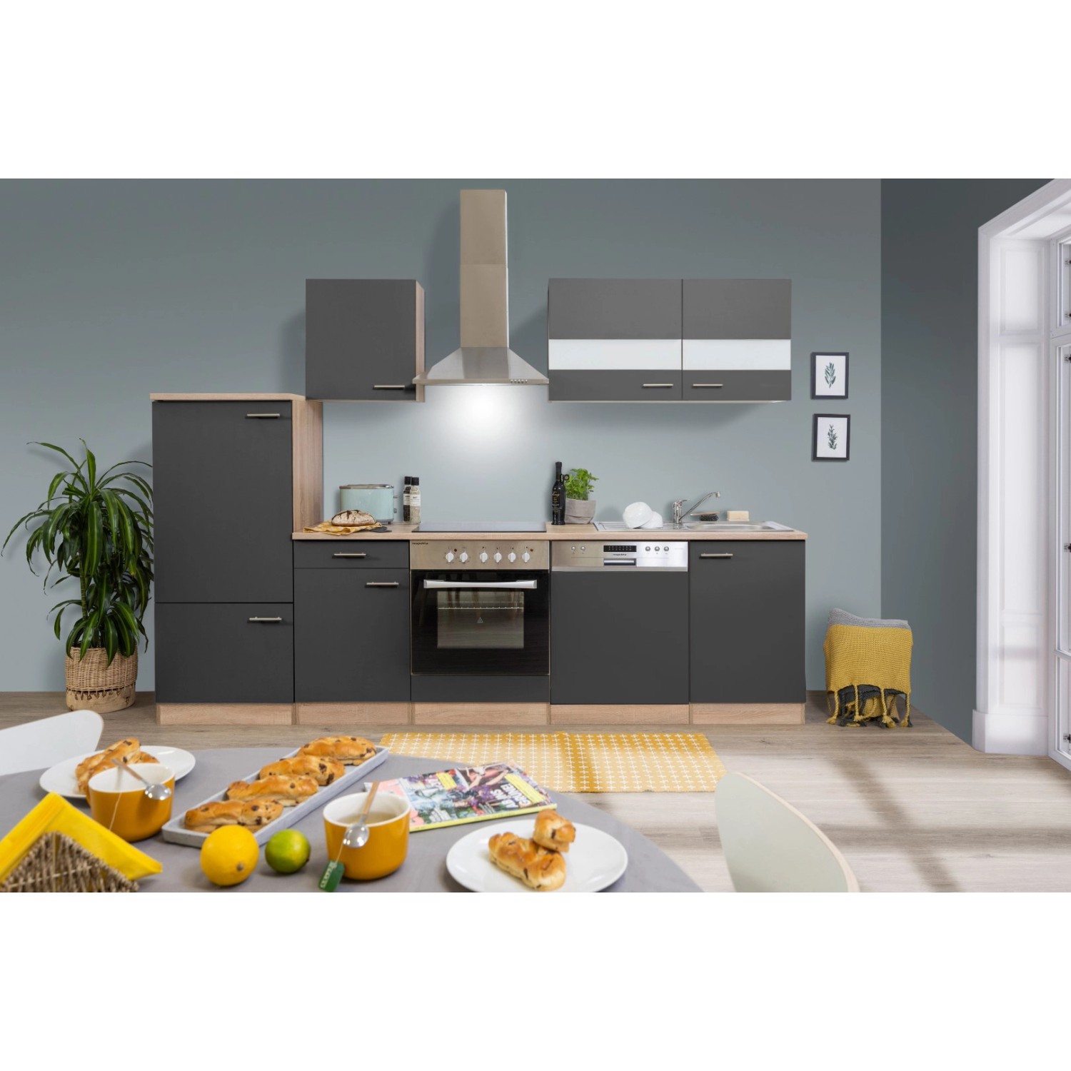 Respekta Küchenzeile KB280ESGC Grau-Eiche Sägerau