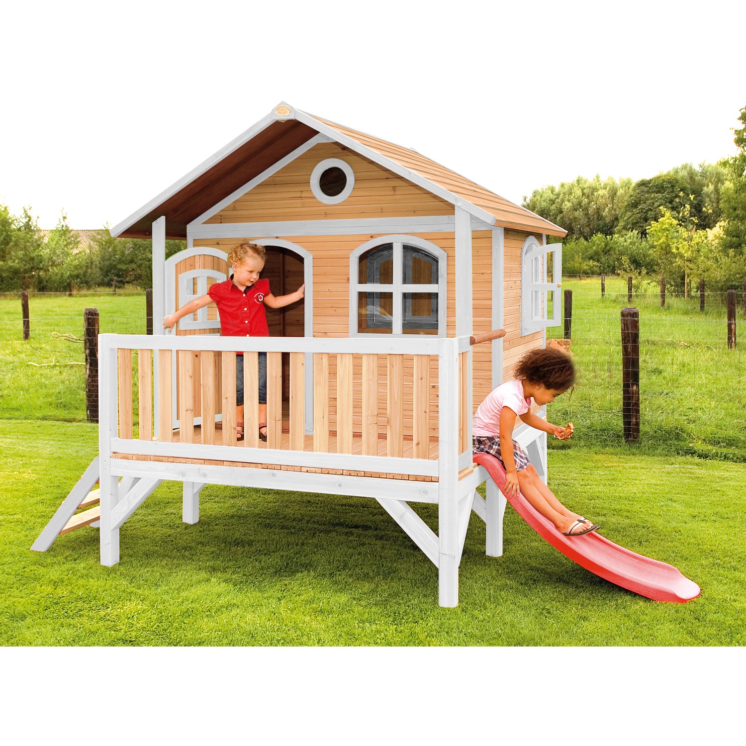 Axi Stef Spielhaus Braun - Weiß mit Roter Rutsche 212 x 349 x 233 cm