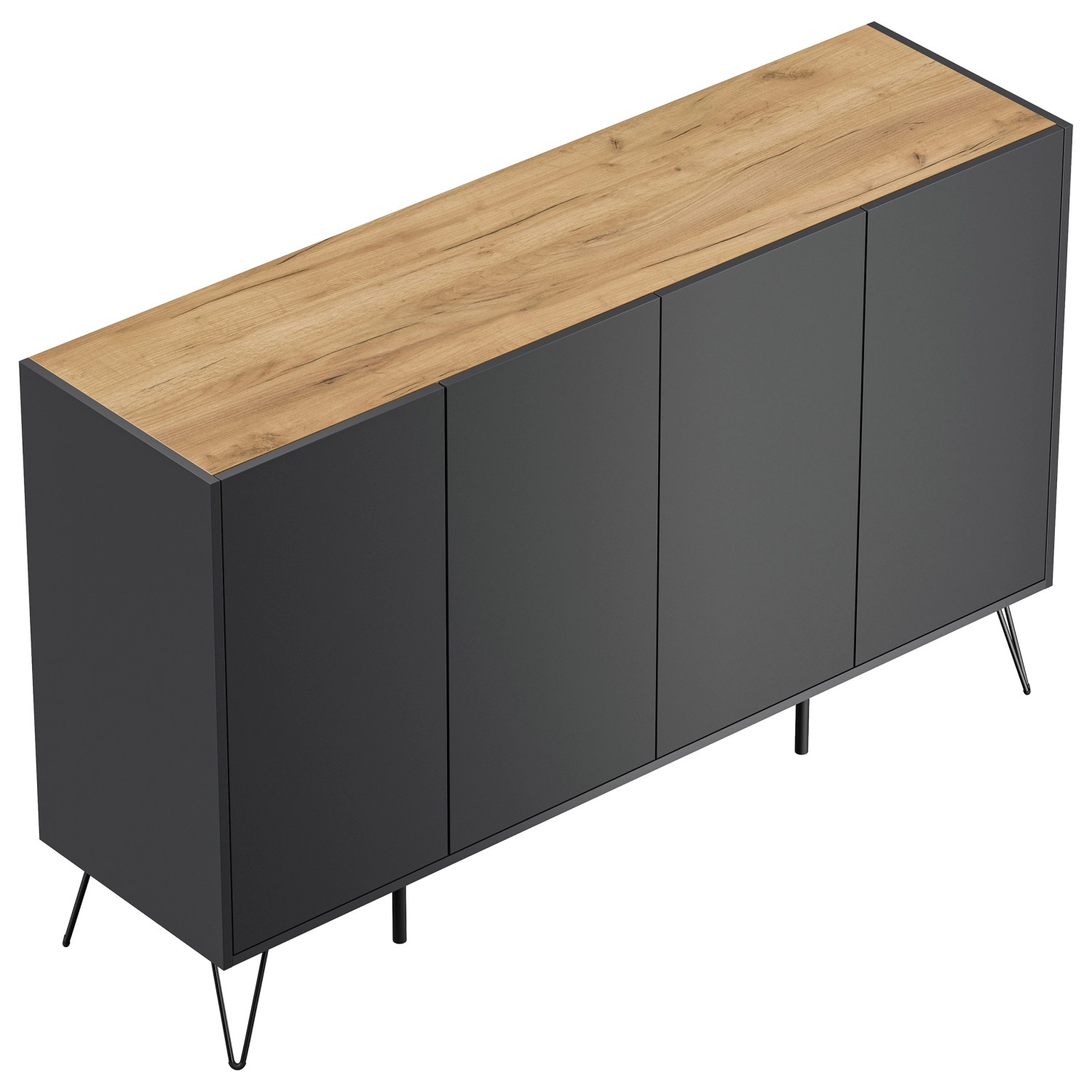 Posseik Sideboard Industrial P 4 Schubladen 4 Türen 155 cm Grafit Eiche Top