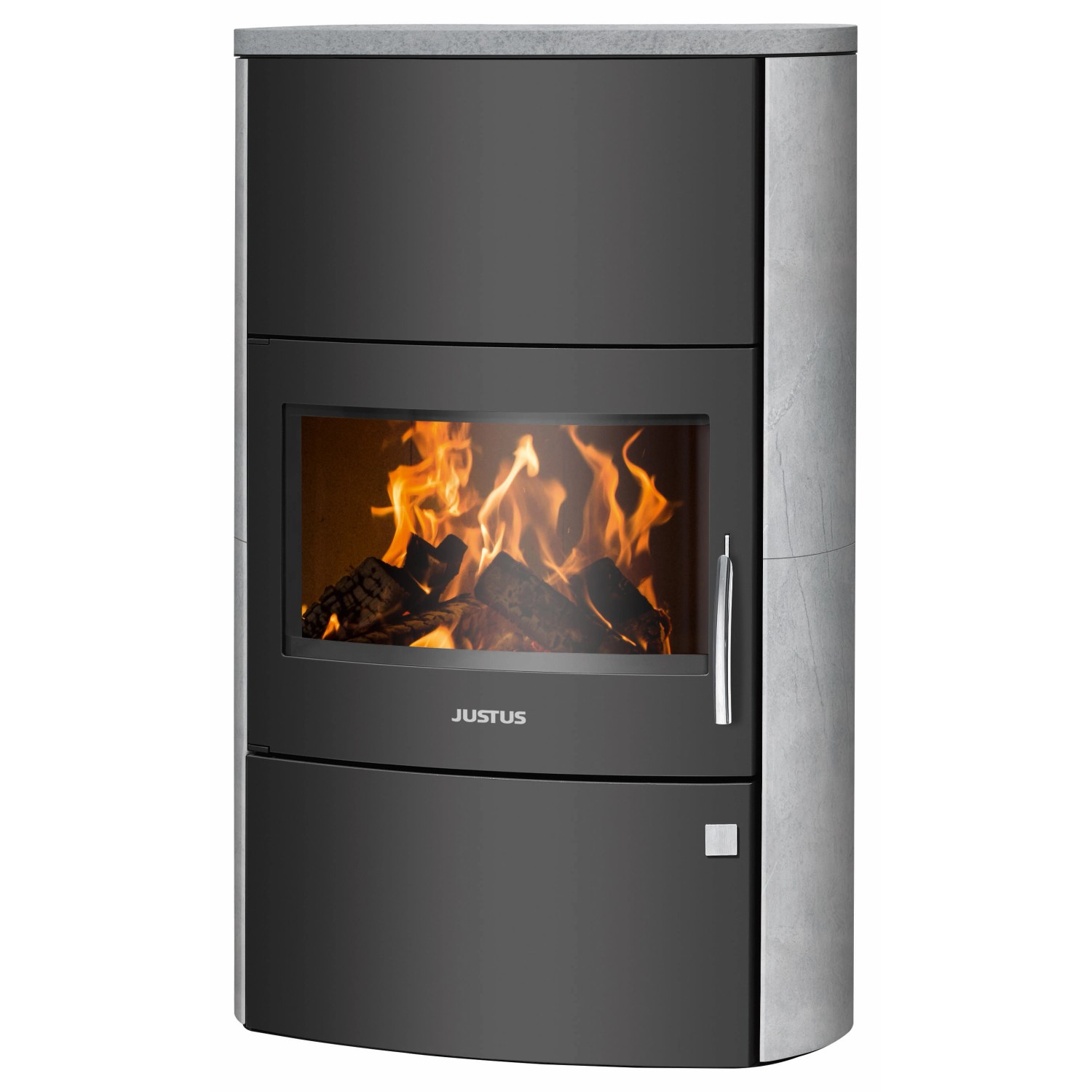 Justus Kaminofen Agero W+ Stahl Schwarz Speckstein Korpus Grau 7 kW