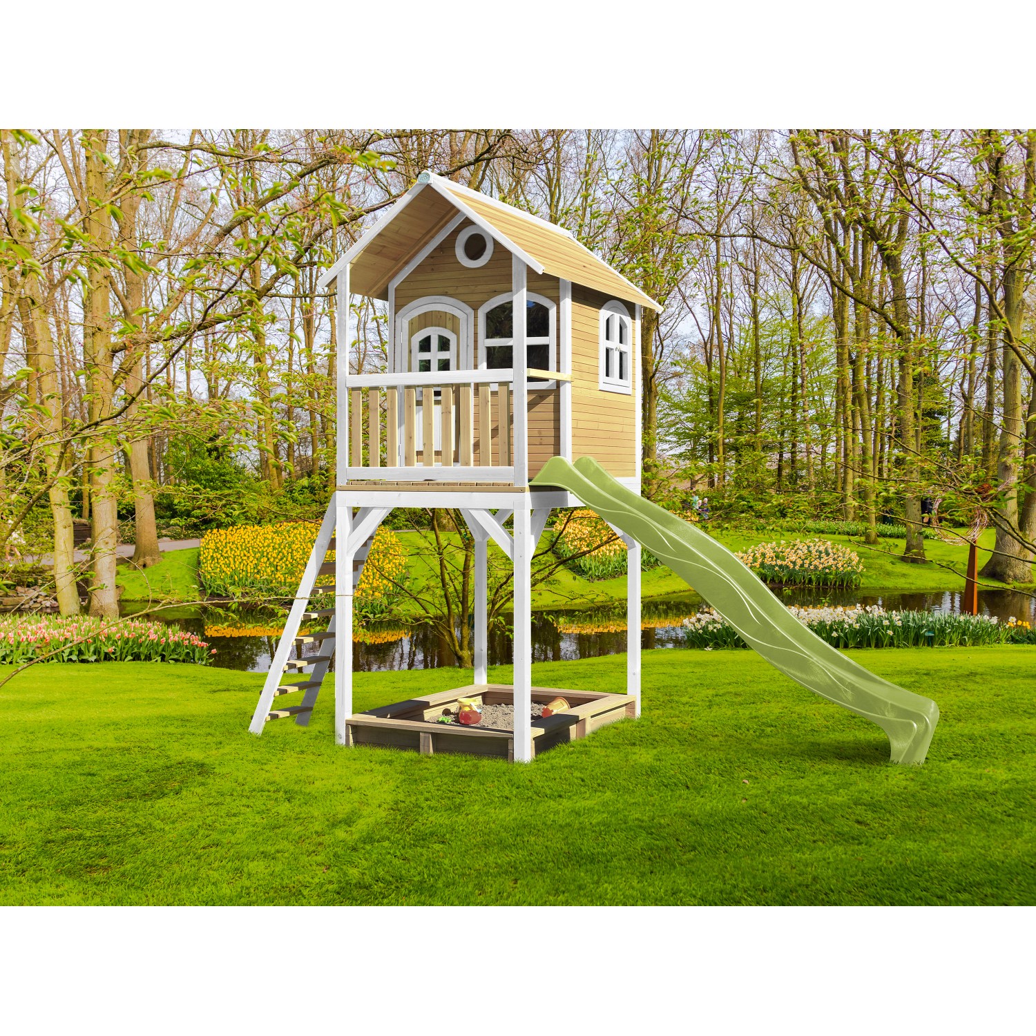 Axi Spielhaus Romy Braun/Weiß mit Rutsche Lindgrün 420 cm x 192 cm x 320 FSC®