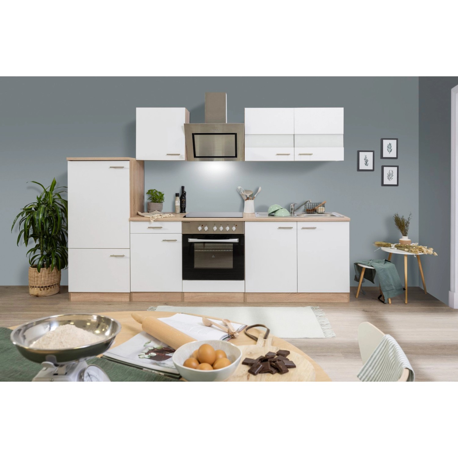 Respekta Küchenzeile 270 cm mit Glaskeramikkochfeld Weiß - Eiche Sägerau