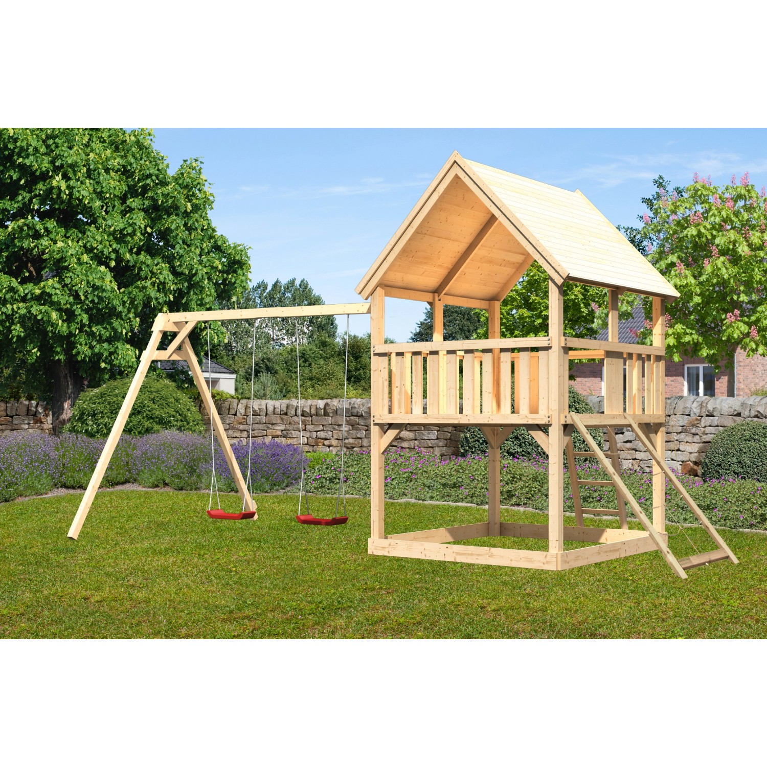 Karibu Spielturm Luis Satteldach Doppelschaukel Netzrampe