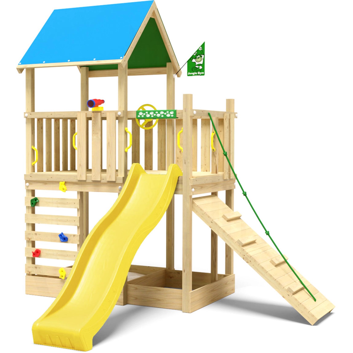 Jungle Gym Spielturm Wonder Holz mit Planendach Kletterrampe Rutsche Gelb