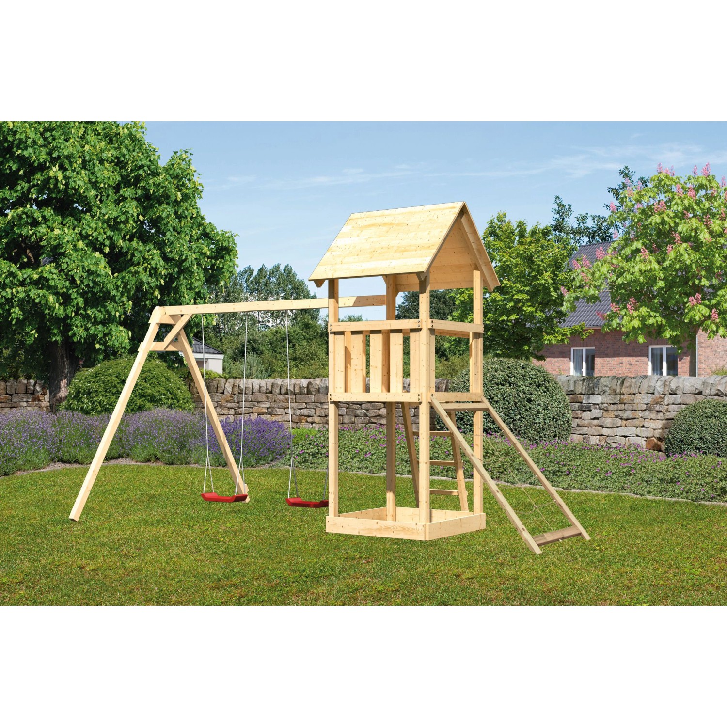 Karibu Spielturm Lotti mit Doppelschaukel & Netzrampe