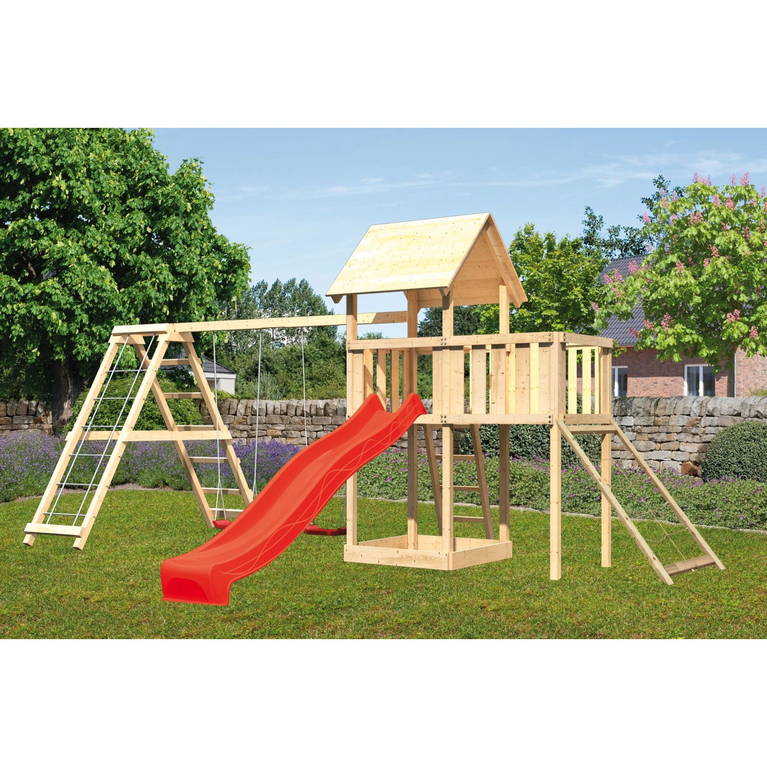 Karibu Spielturm Lotti Doppelschaukel Klettergerüst Plattform Netz Rutsche Rot