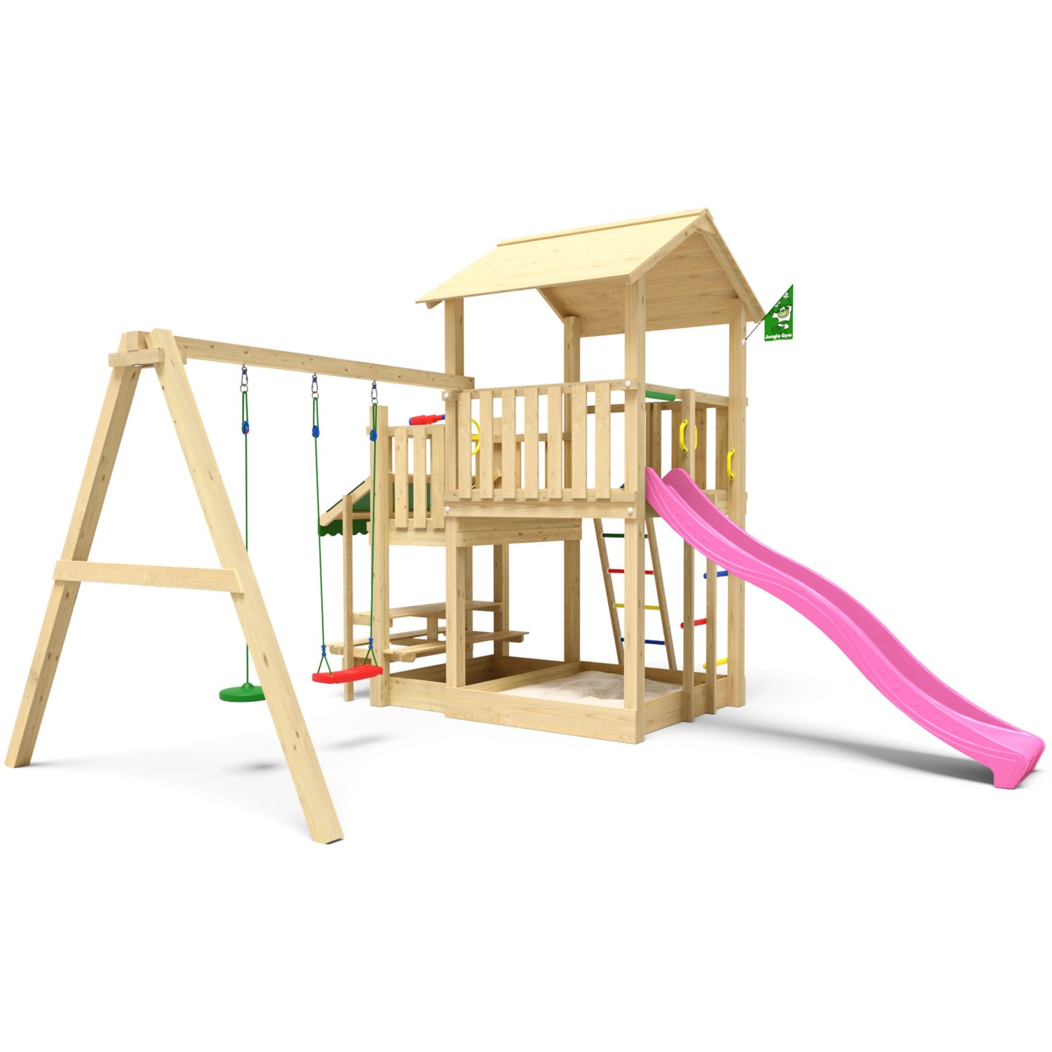 Jungle Gym Spielturm Skyline Holz Picnic Modul Doppelschaukel Rutsche Fuchsia