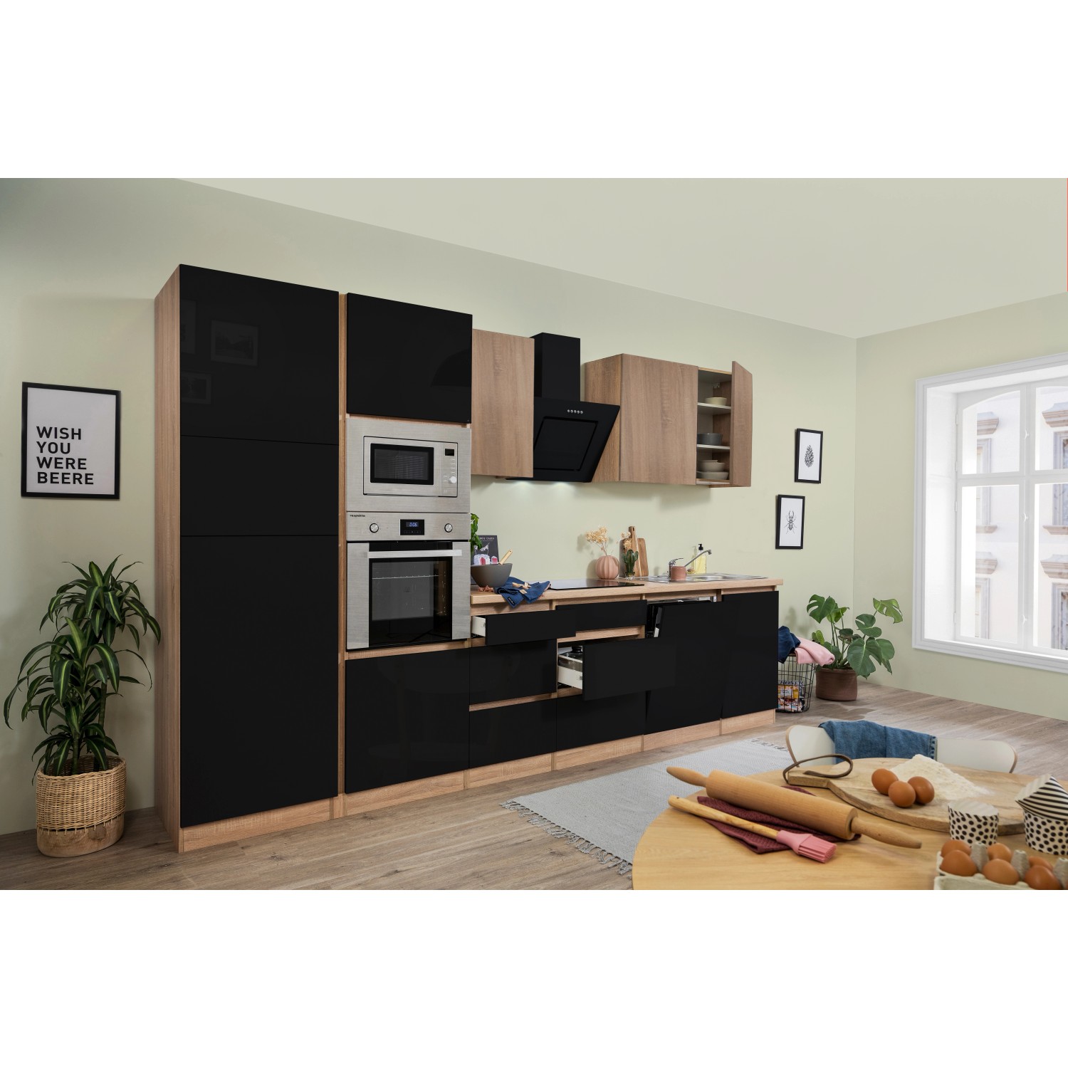 Respekta Premium Küchenzeile GLRP345HESSGKEOES Grifflos 345 cm Schwarz Eiche NB