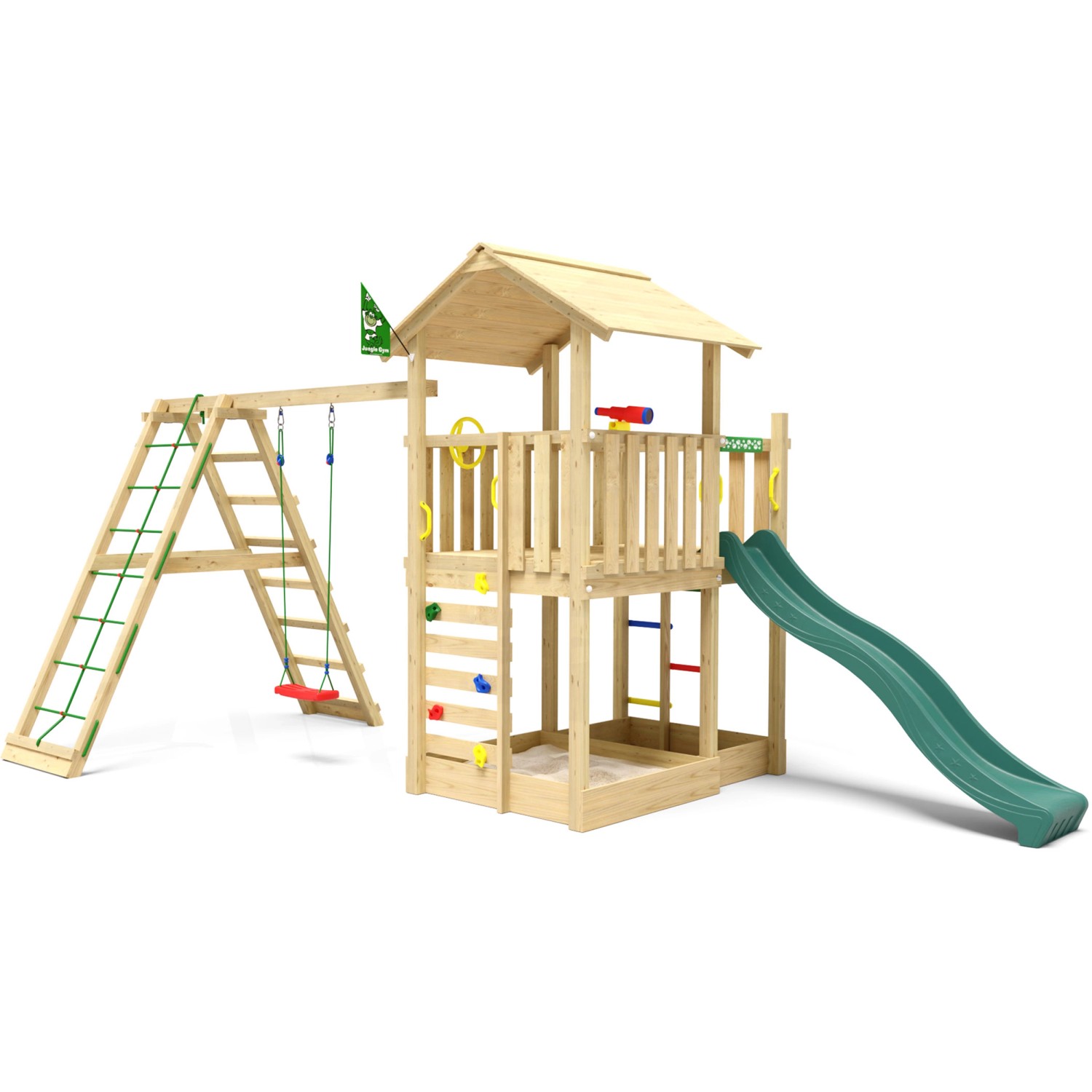 Jungle Gym Spielturm Chateau Holz m. Schaukel Kletterbock und Rutsche Dunkelgrün