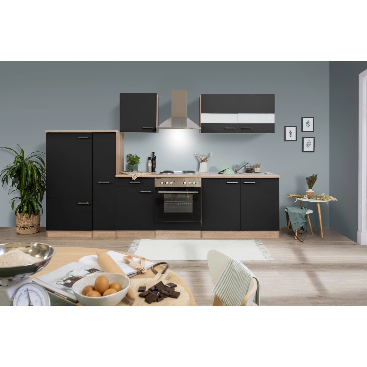 Respekta Küchenzeile KB300ESS 300 cm Schwarz-Eiche Sägerau Nachbildung