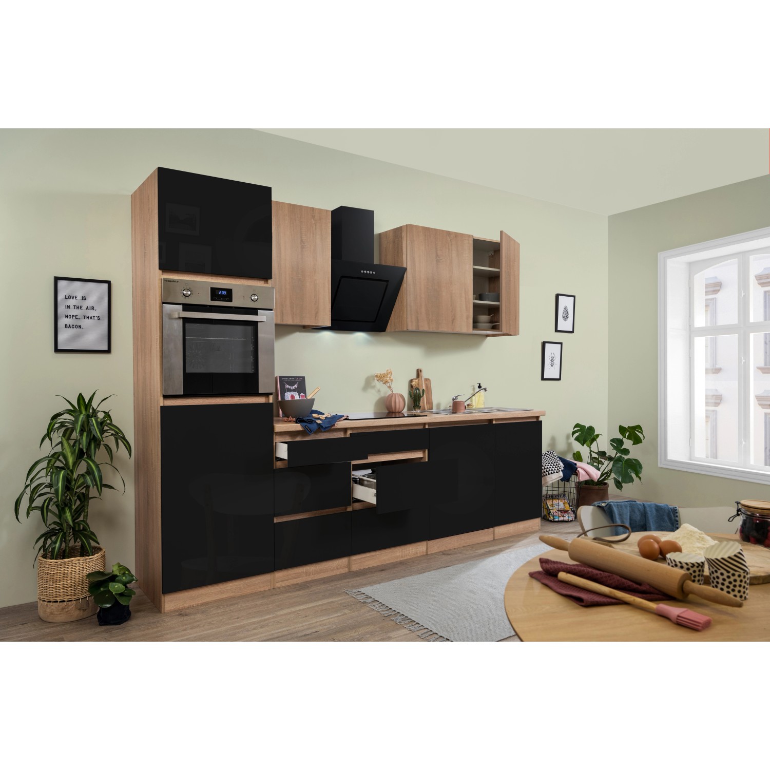 Respekta Premium Küchenzeile GLRP280HESSOES Grifflos 280 cm Schwarz Eiche NB