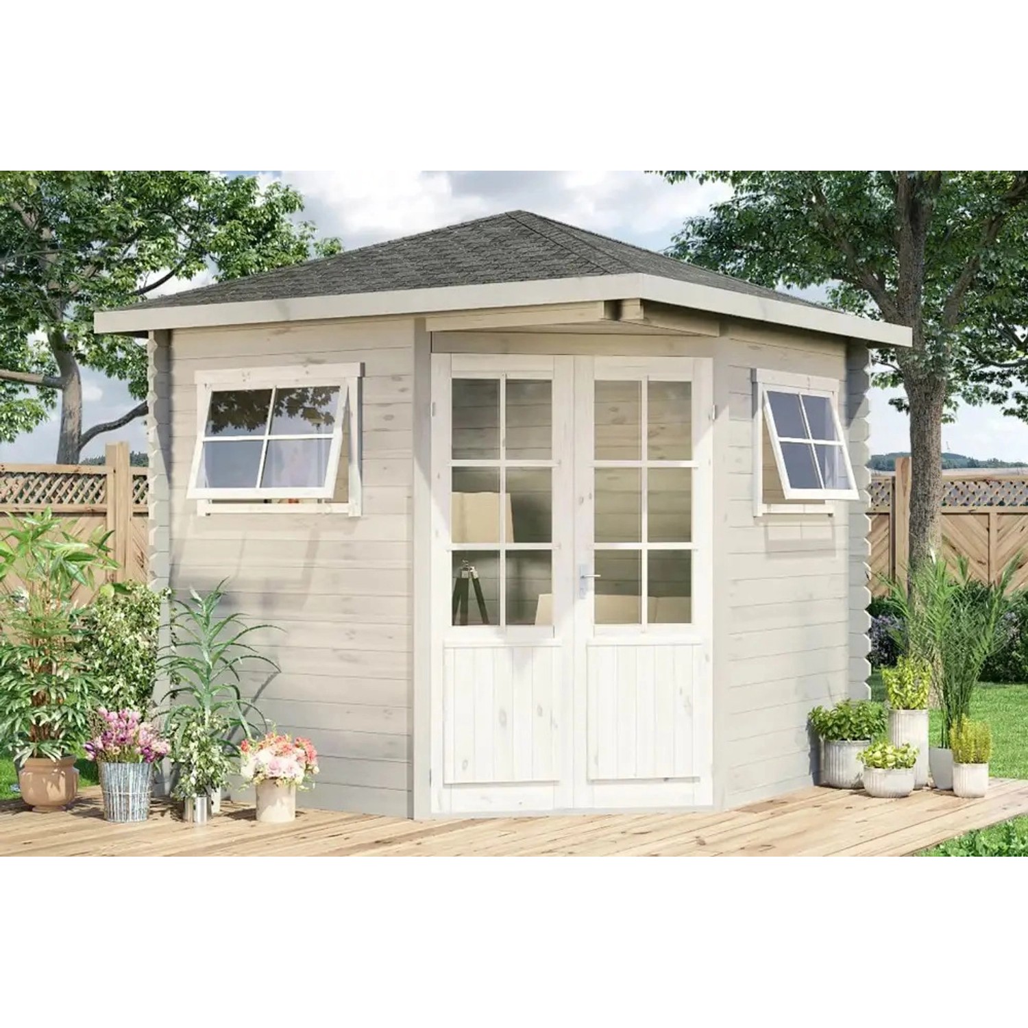 Alpholz 5-Eck Gartenhaus Sunny-B Spitzdach Unbehandelt 230 cm x 224 cm