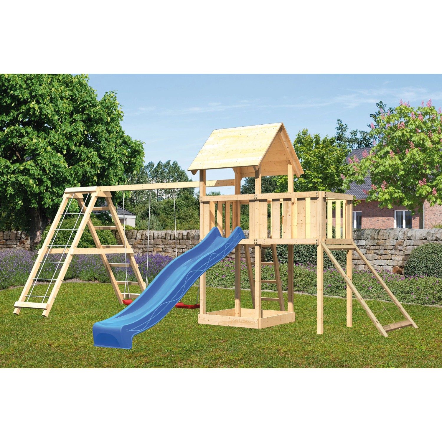 Karibu Spielturm Lotti Doppelschaukel Klettergerüst Plattform Netz Rutsche Blau