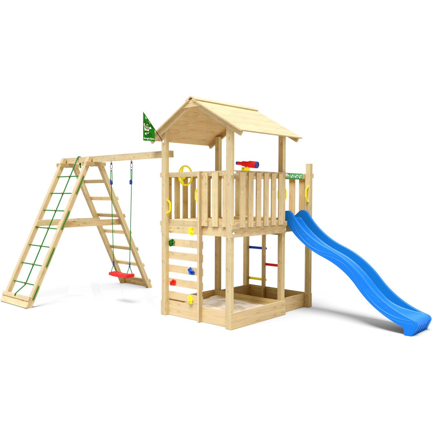 Jungle Gym Spielturm Chateau Holz m. Schaukel Kletterbock und Rutsche Blau