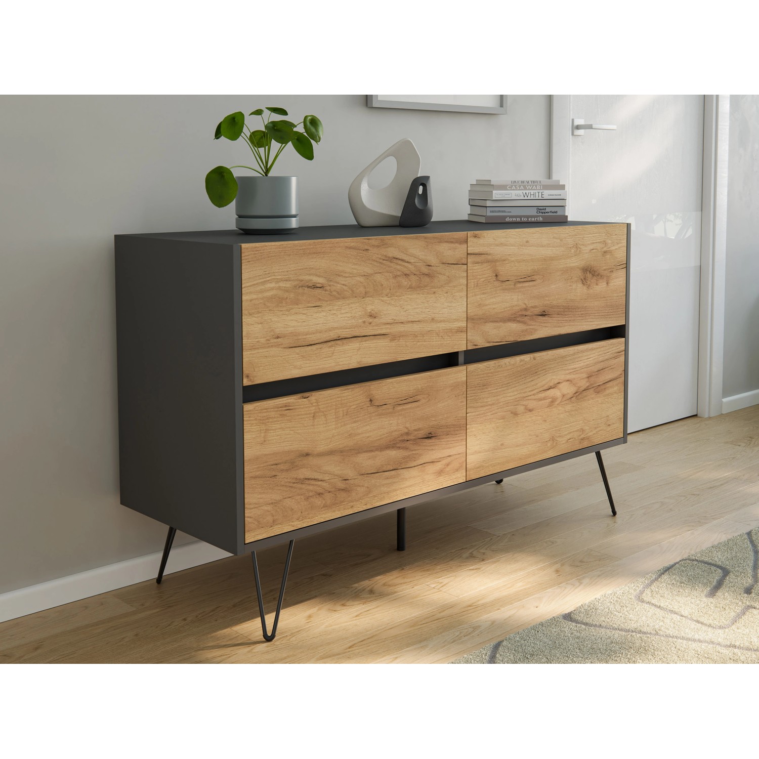 Posseik Sideboard Industrial E 4 Schubladen 120 cm Grafit Eiche Front
