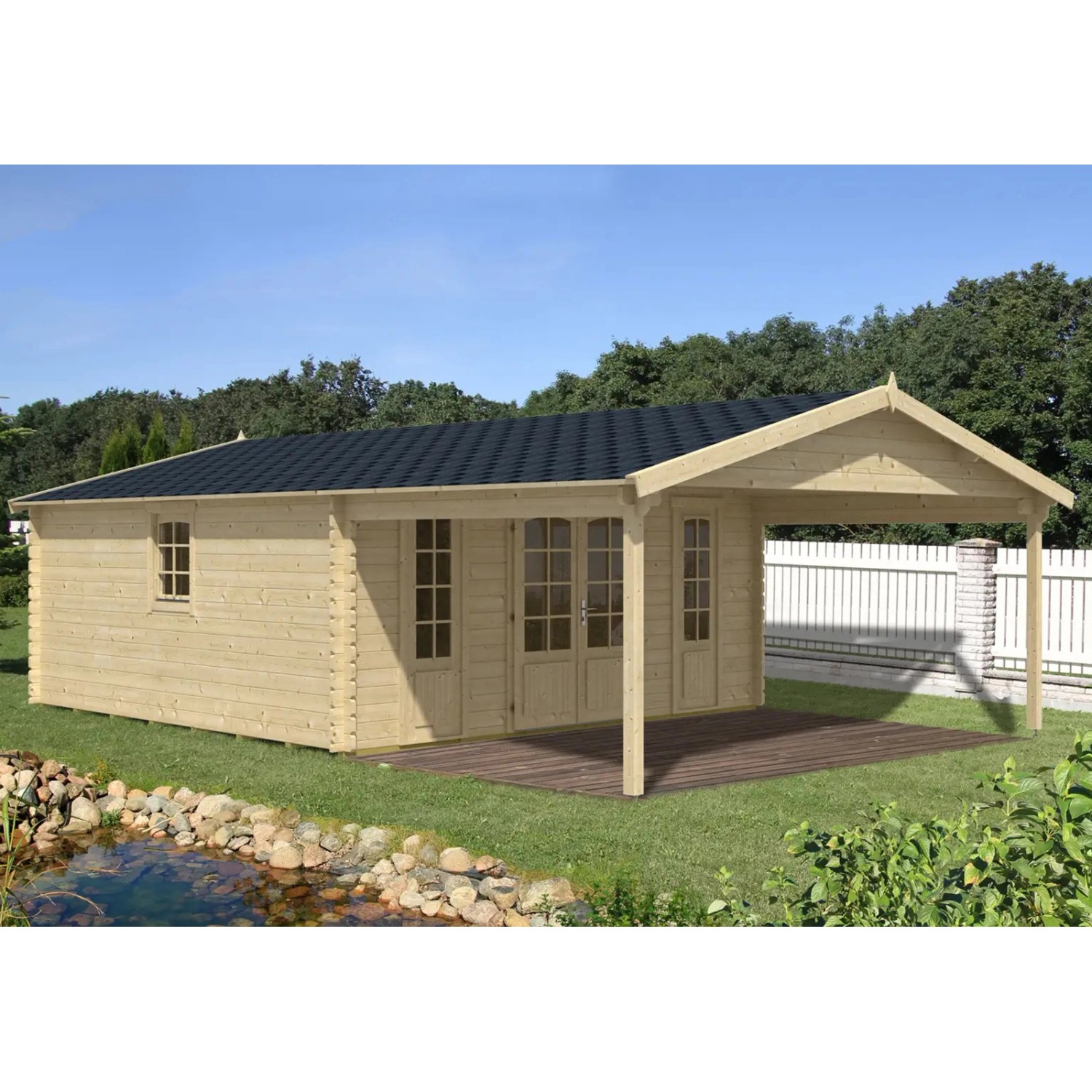 Alpholz Gartenhaus Nyborg-44 Natur 500 cm x 500 cm + 300 cm Schleppdach