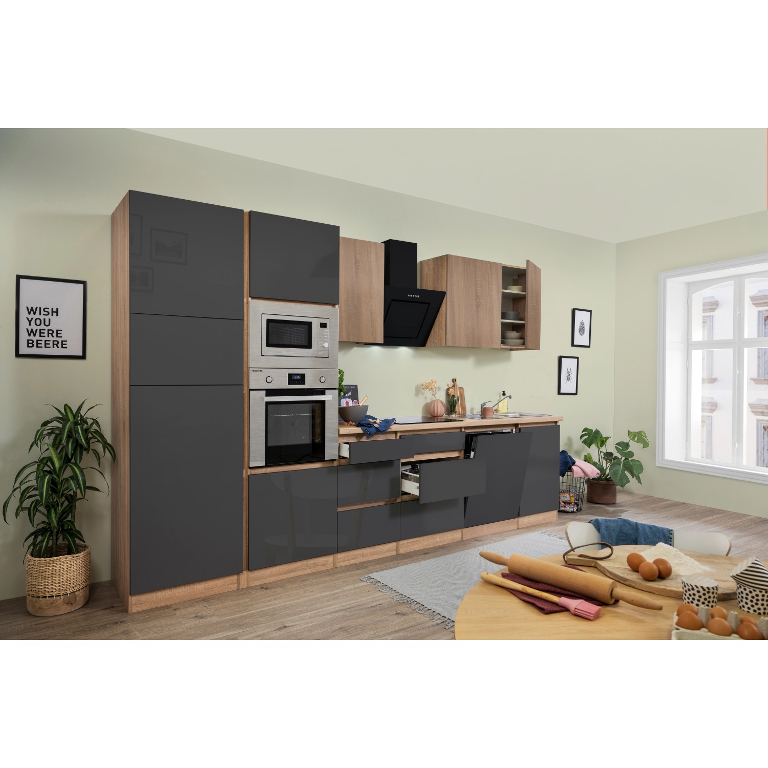 Respekta Premium Küchenzeile GLRP345HESGGKEOES Grifflos 345 cm Grau Eiche NB