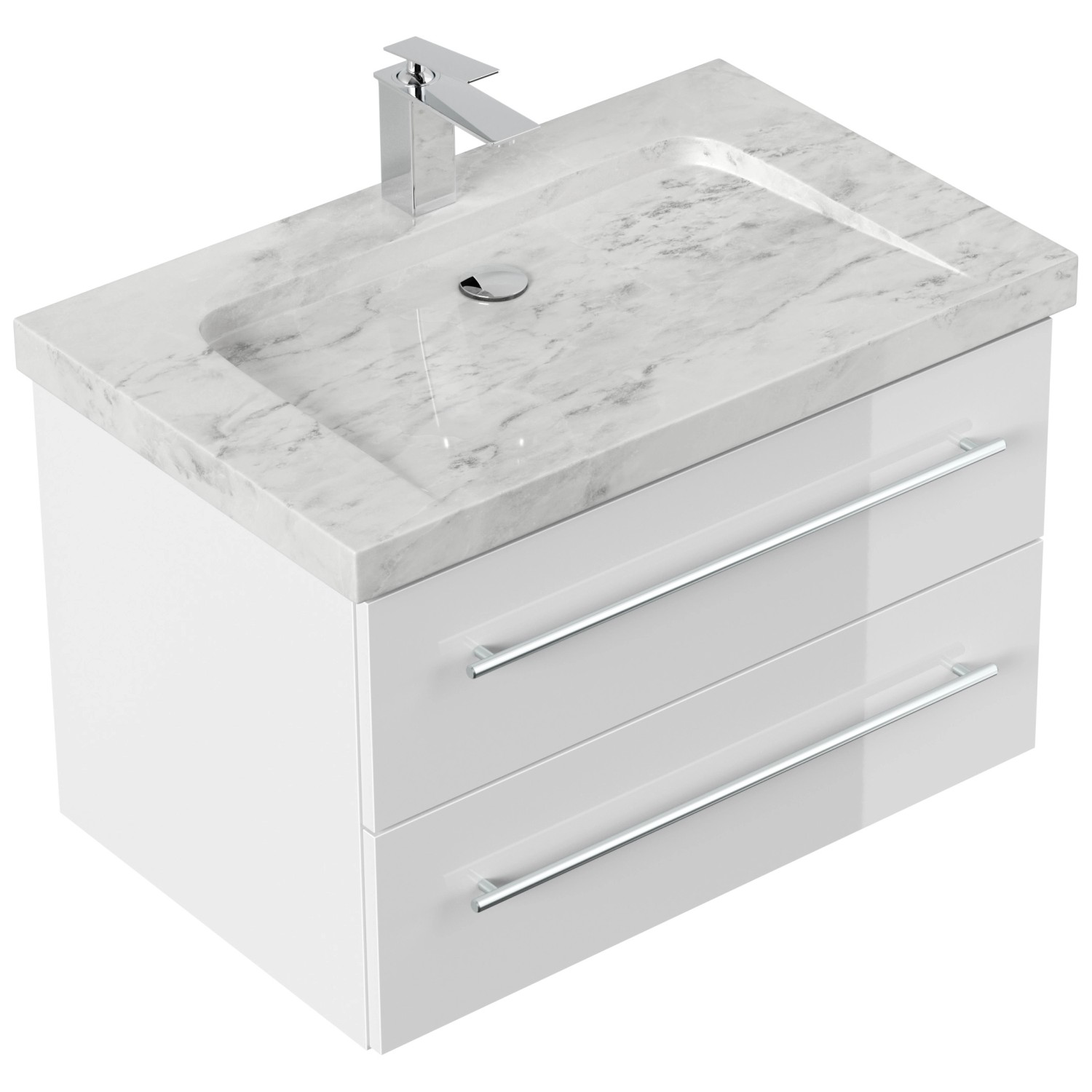 Posseik Badmöbel Marmor Carrara White Yamo 1 Hahnloch 75 cm Weiß Hochglanz