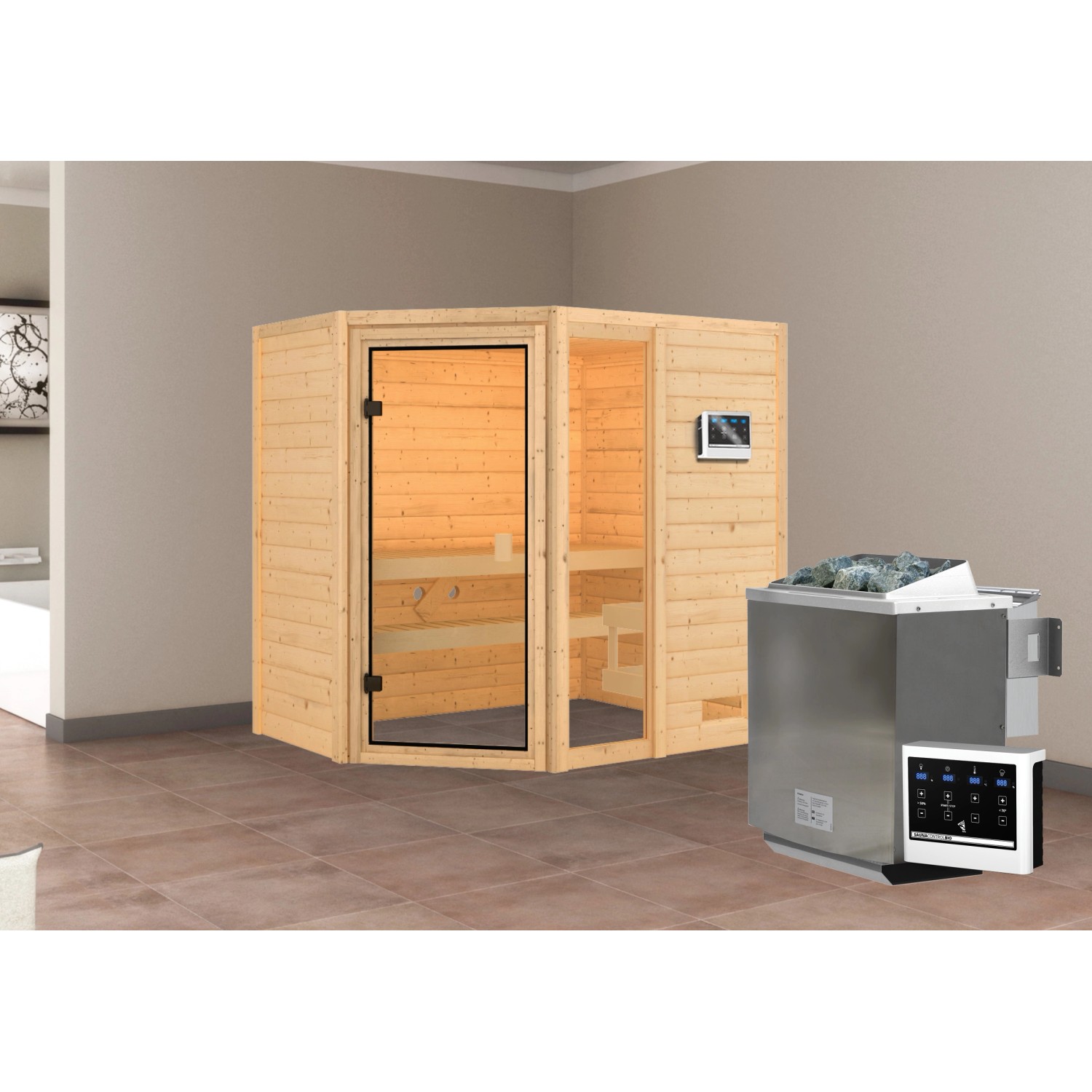 Karibu Sauna Jada mit Bio-Ofen externe Stg.Natur