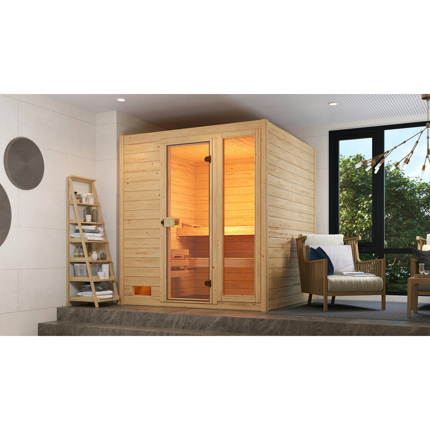 Weka Massivholzsauna Valida 9,0 kW Kompakt Glastür/Fenster Saunaleuchtenset