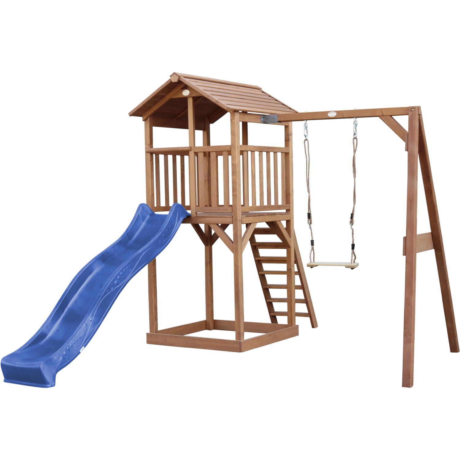 Axi Beach Tower Spielturm mit Einzelschaukel Braun und Blauer Rutsche
