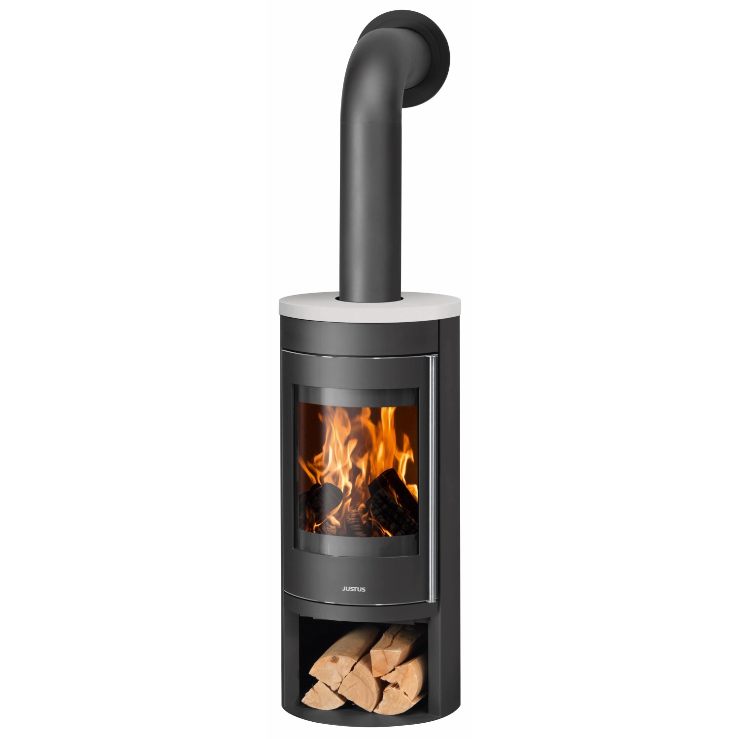 Justus Kaminofen Mino 2.0 Stahl Schwarz mit Abdeckplatte Seidenweiß 5 kW