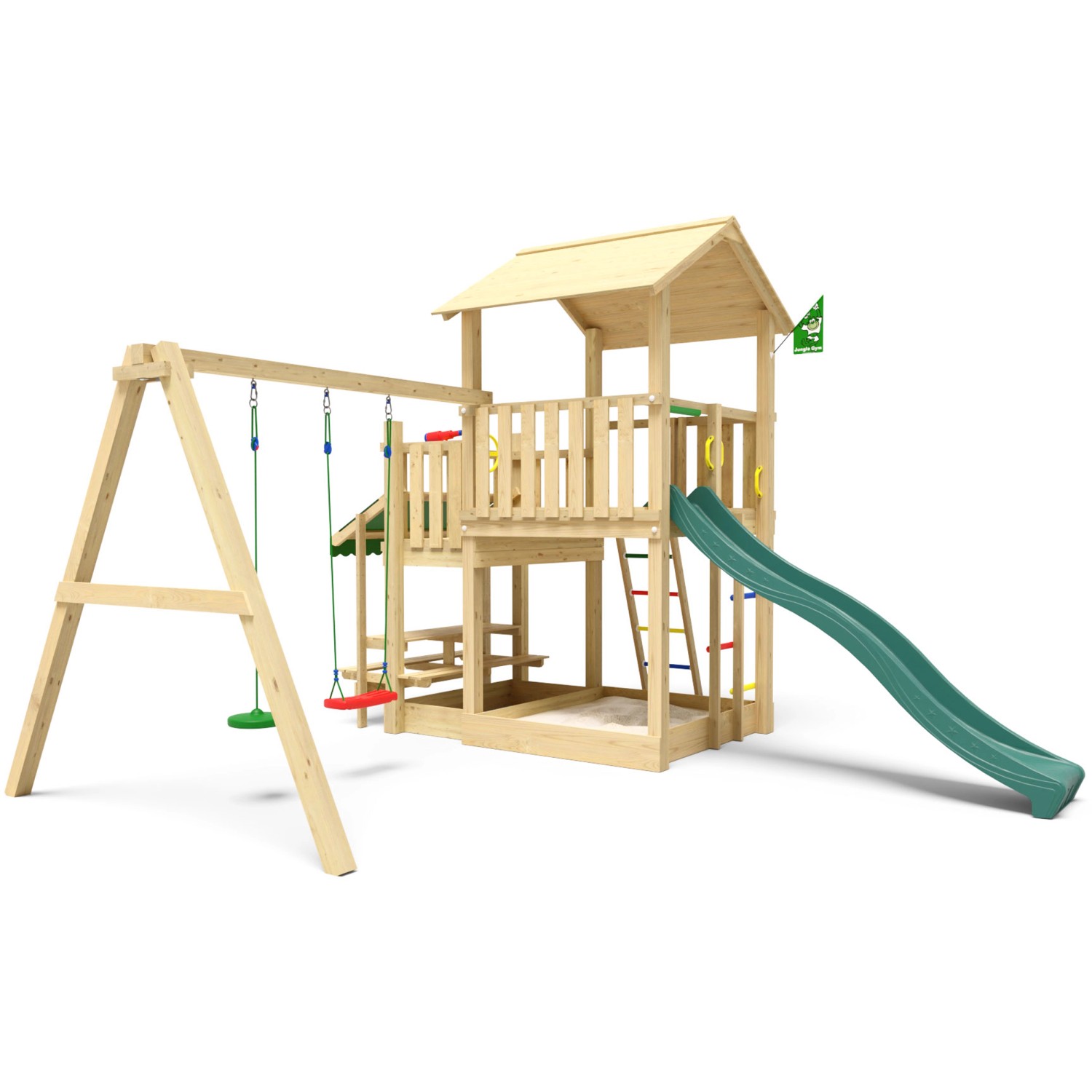 Jungle Gym Spielturm Skyline Holz Picnic Modul Doppelschaukel Rutsche Dunkelgrün
