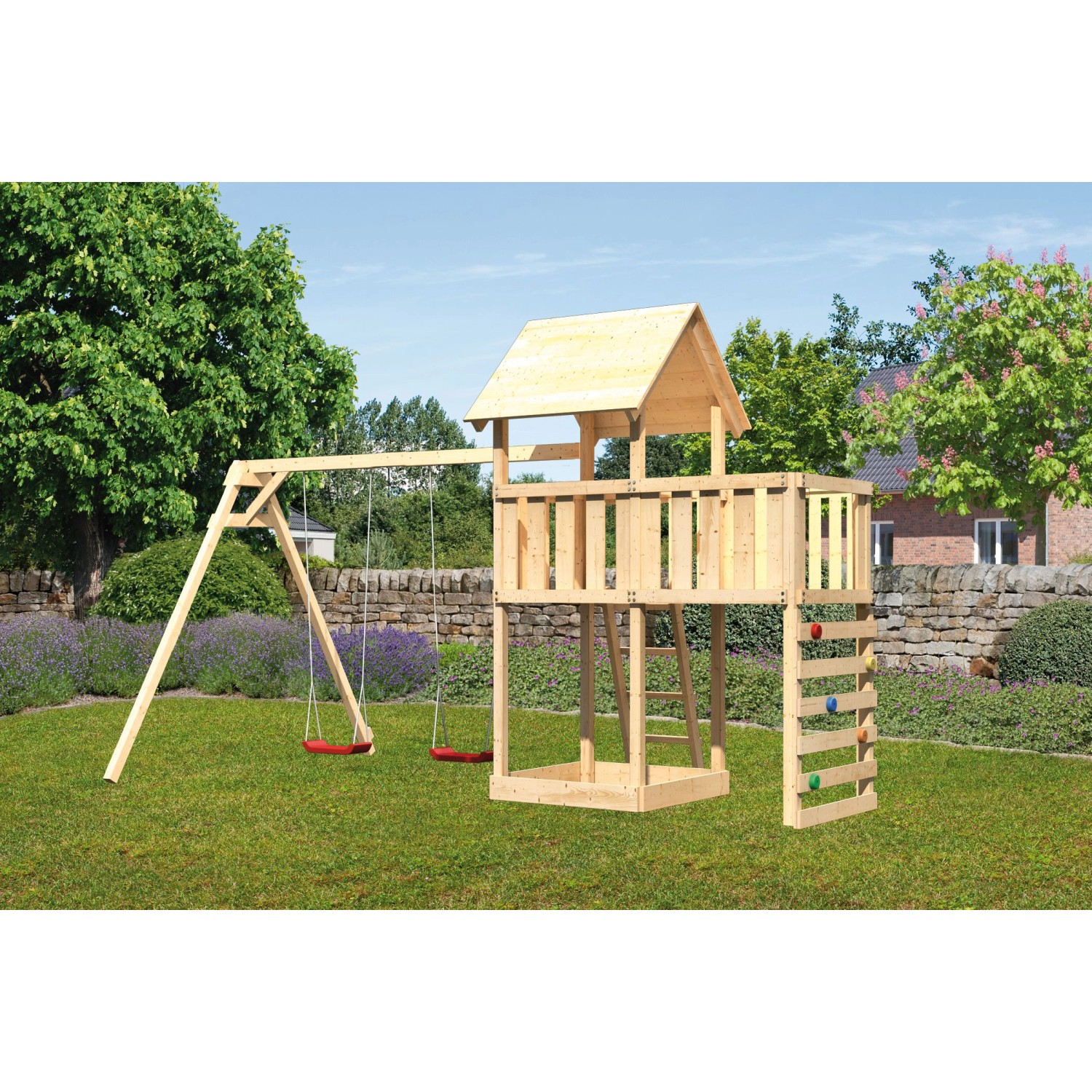 Karibu Spielturm Lotti Doppelschaukel Anbauplattform Kletterwand